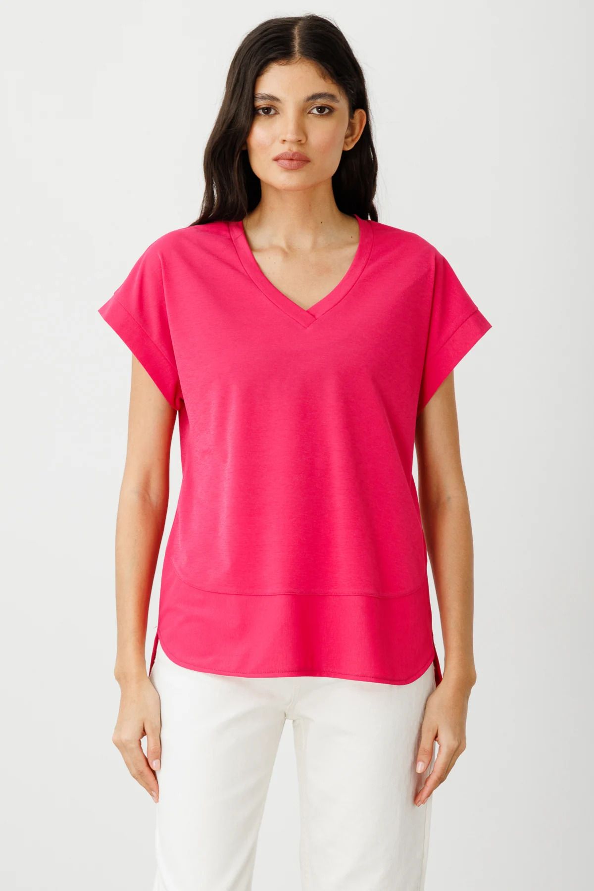 On Fashion On V Yaka Kısa Kol Tişört Fuşya-51475
