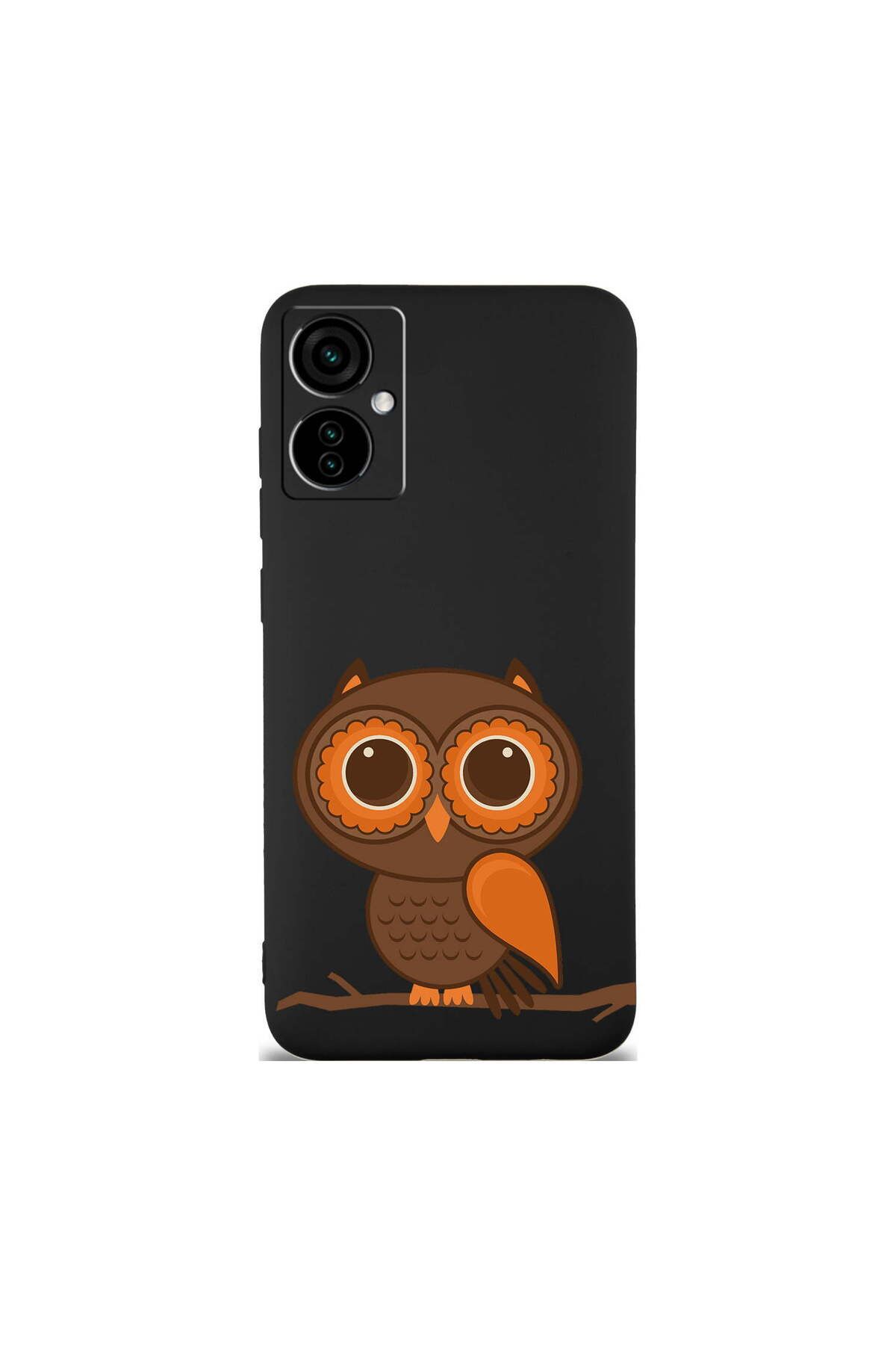 PrintiFy Tecno Camon 19 Neo ile Uyumlu Baykuş (0214a) Tasarımlı Siyah Lansman Silikon Kılıf