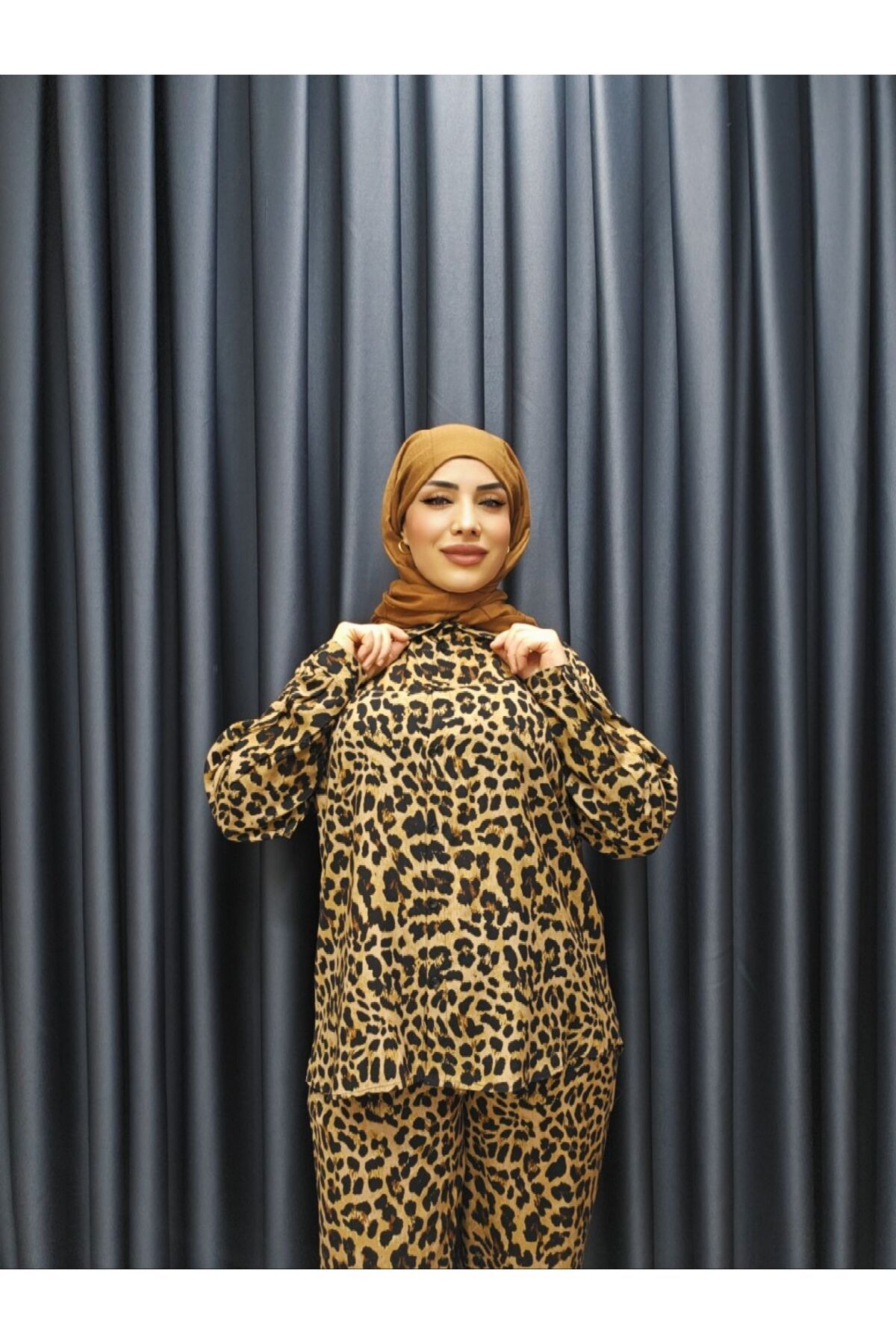 ŞIK VE MUTLU Leopar Tesettür Pantalon Gömlek 2'li Takım