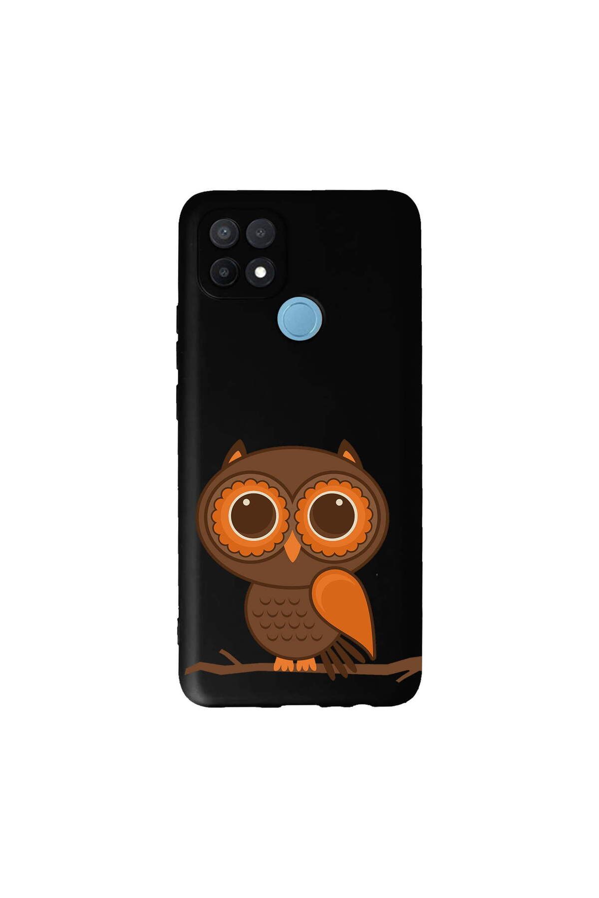 PrintiFy Oppo A15 ile Uyumlu Baykuş (0214a) Tasarımlı Siyah Lansman Silikon Kılıf