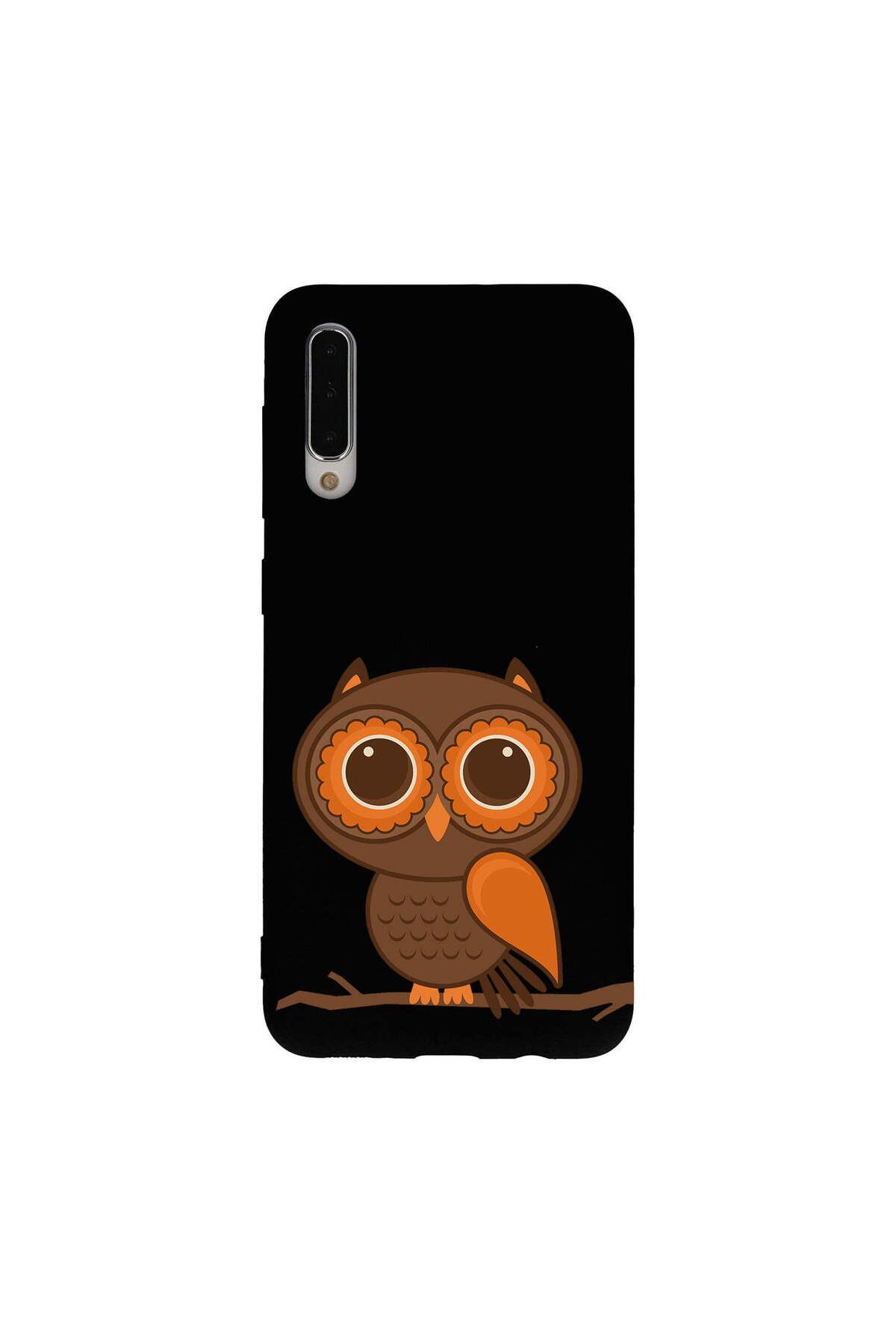 PrintiFy Samsung Galaxy A50 ile Uyumlu Baykuş (0214a) Tasarımlı Siyah Lansman Silikon Kılıf