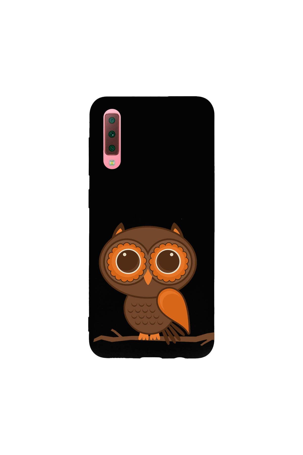 PrintiFy Samsung Galaxy A7 2018 ile Uyumlu Baykuş (0214a) Tasarımlı Siyah Lansman Silikon Kılıf