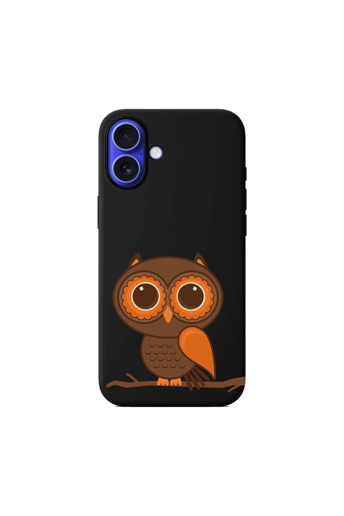 PrintiFy iPhone 16 Plus ile Uyumlu Baykuş (0214a) Tasarımlı Siyah Lansman Silikon Kılıf