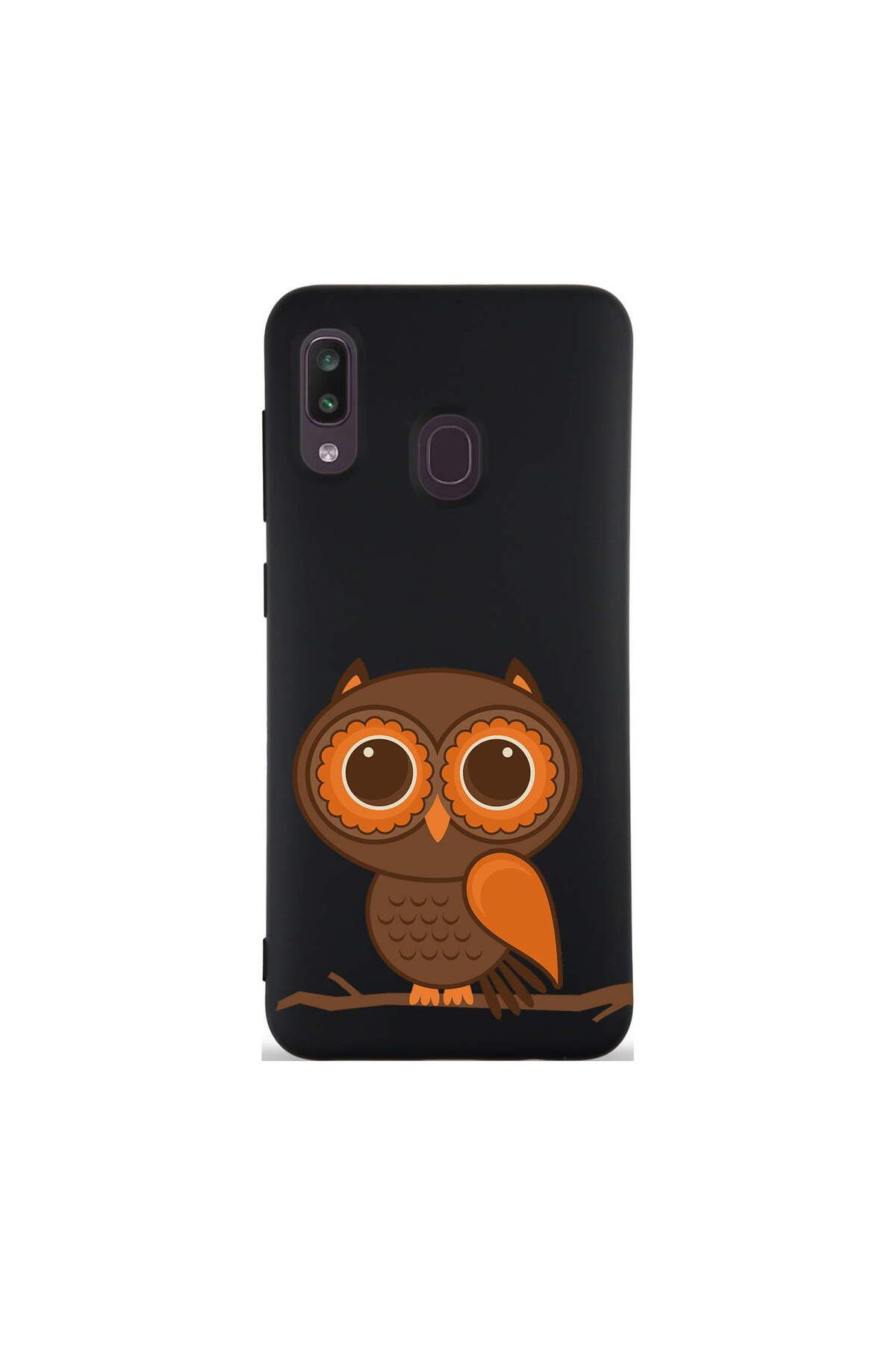PrintiFy Samsung Galaxy A30 ile Uyumlu Baykuş (0214a) Tasarımlı Siyah Lansman Silikon Kılıf