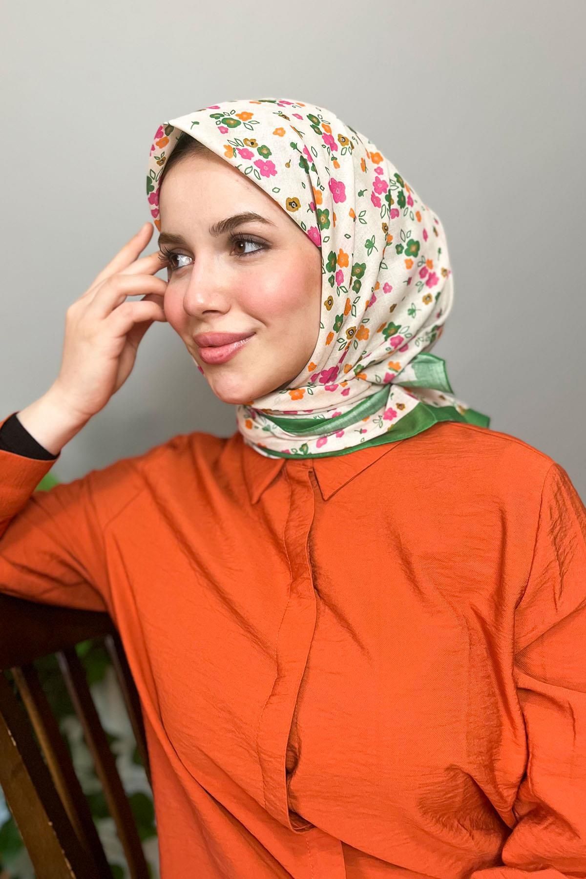Sultan Eşarp Sultan Fresh Pamuk Eşarp - Çıtır Çiçek Deseni - SFE005-05 - Yeşil, Krem