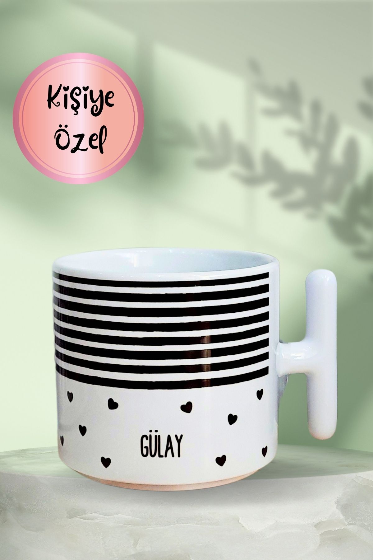 Burak Baskı Tasarım Kişiye Özel Siyah Çizgi ve Kalpli T-Kulp Anneler Günü-Doğum Sevgililer Günü Hediye Kupa Bardak,Mug