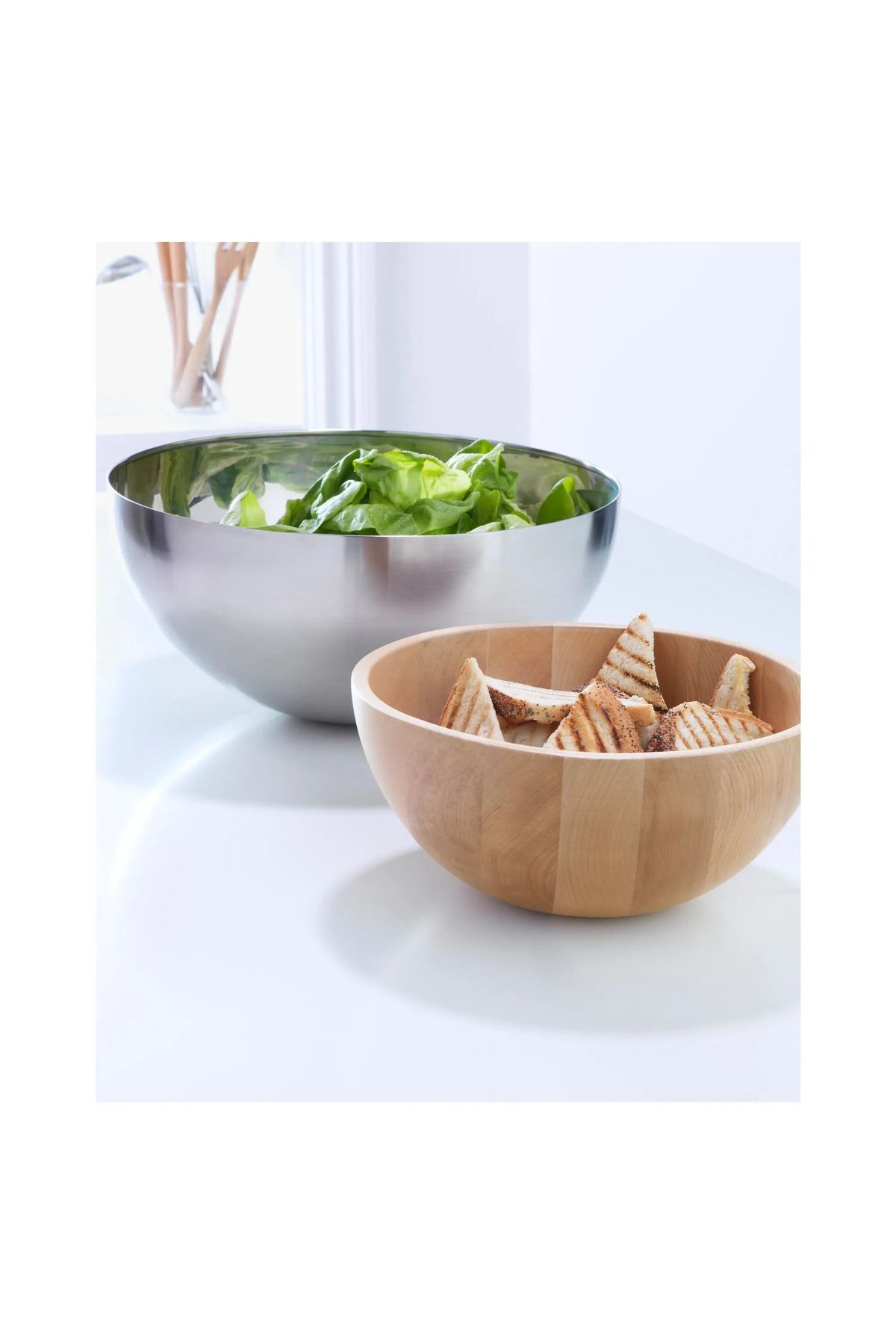 IKEA 2 Adet Servis Kasesi Bambu Kase 20 cm & Çelik Kase 28 cm