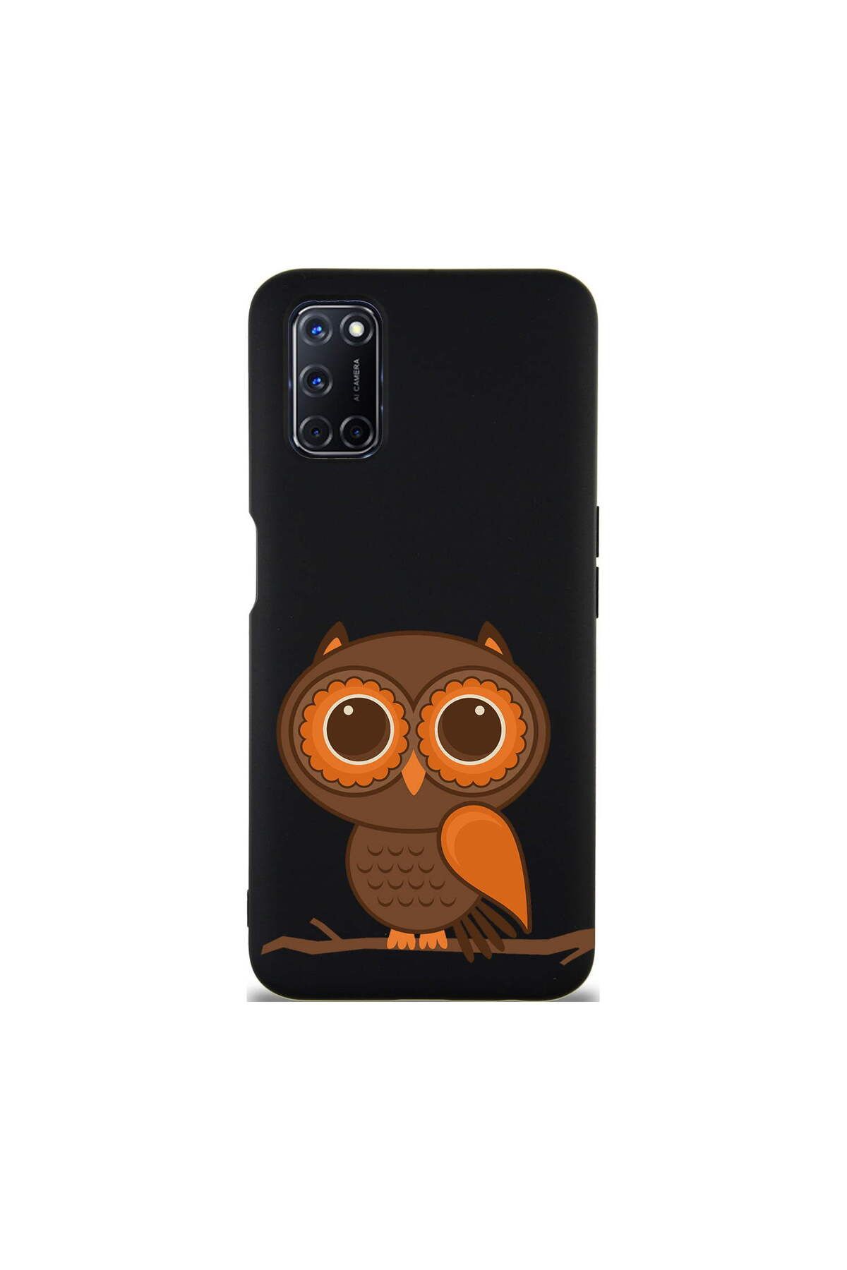 PrintiFy Oppo A72 ile Uyumlu Baykuş (0214a) Tasarımlı Siyah Lansman Silikon Kılıf