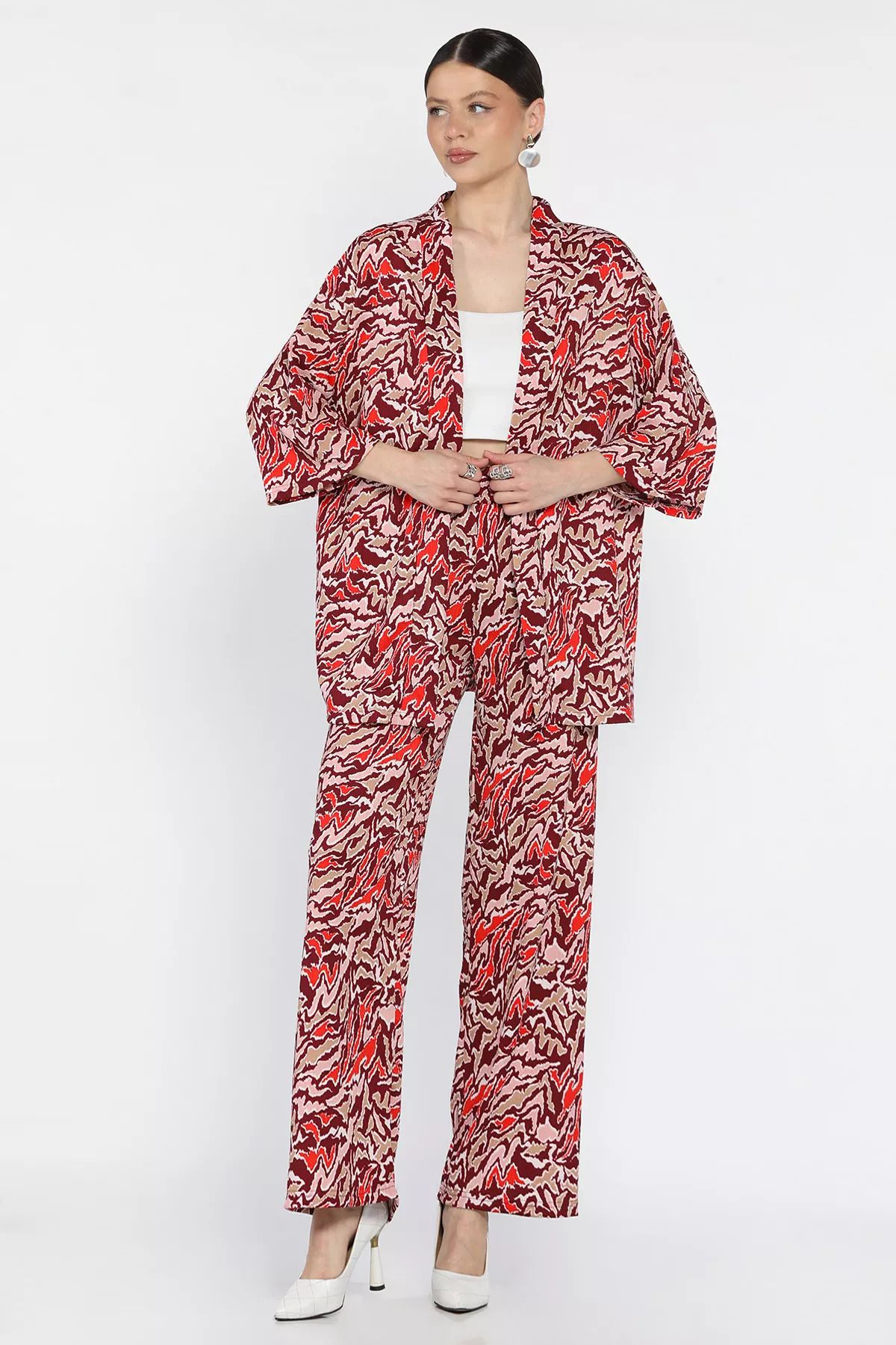 GÜLSELİ Bordo Kadın Desenli Kimono Pantolon İkili Takım