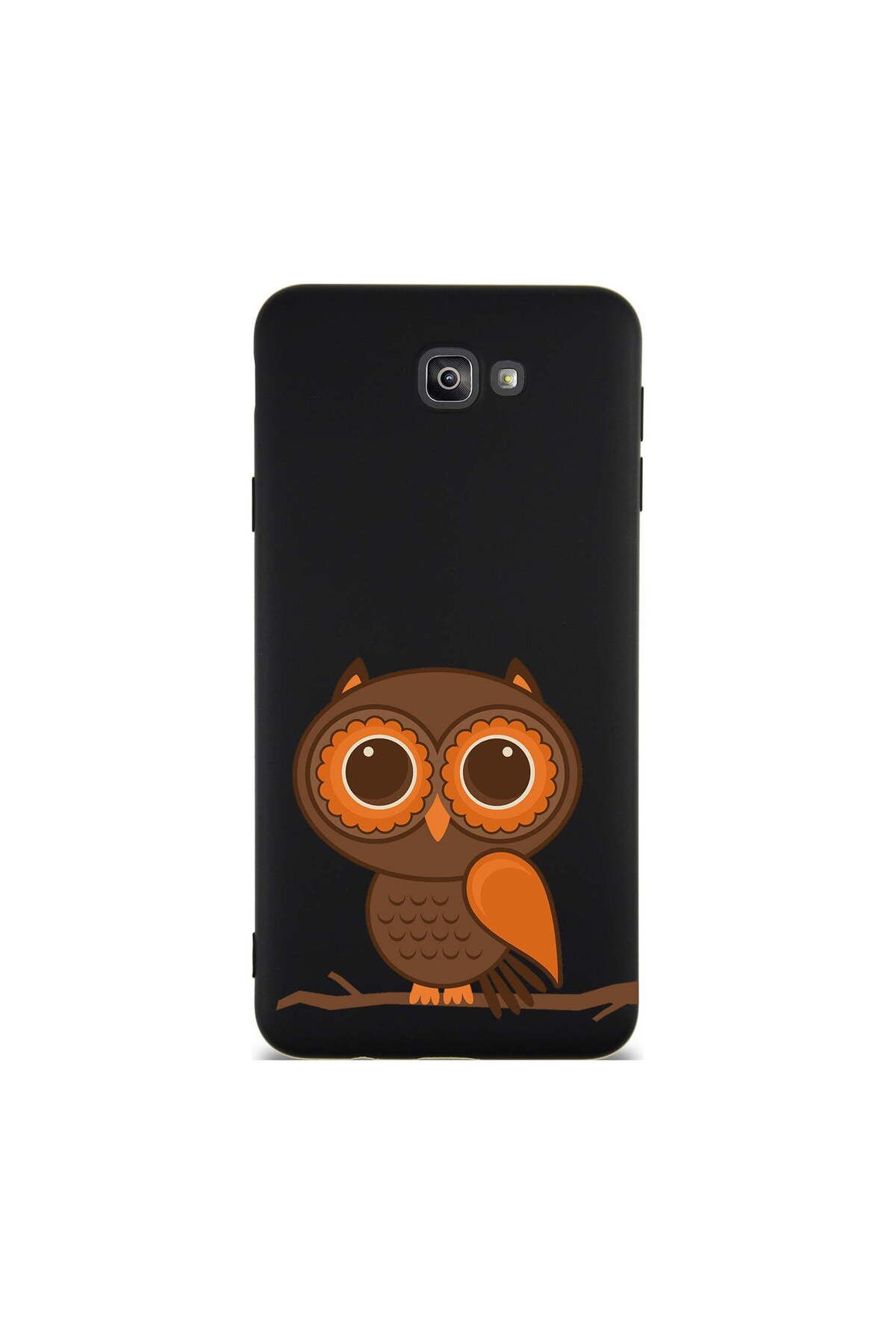 PrintiFy Samsung Galaxy J7 Prime ile Uyumlu Baykuş (0214a) Tasarımlı Siyah Lansman Silikon Kılıf