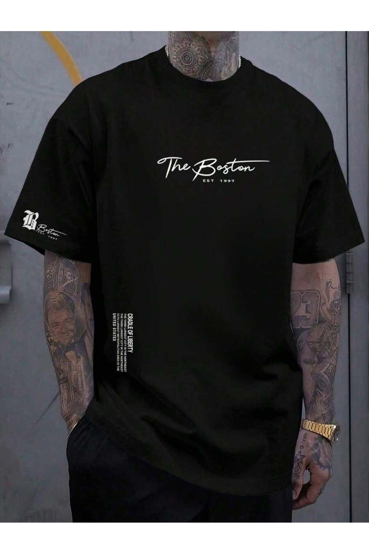 PAVRO Unisex Oversize tişörT Çok Renkli the boston Baskılı T-shirt