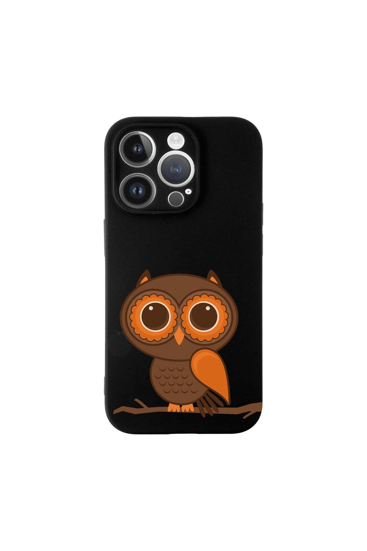 PrintiFy iPhone 15 Pro ile Uyumlu Baykuş (0214a) Tasarımlı Siyah Lansman Silikon Kılıf