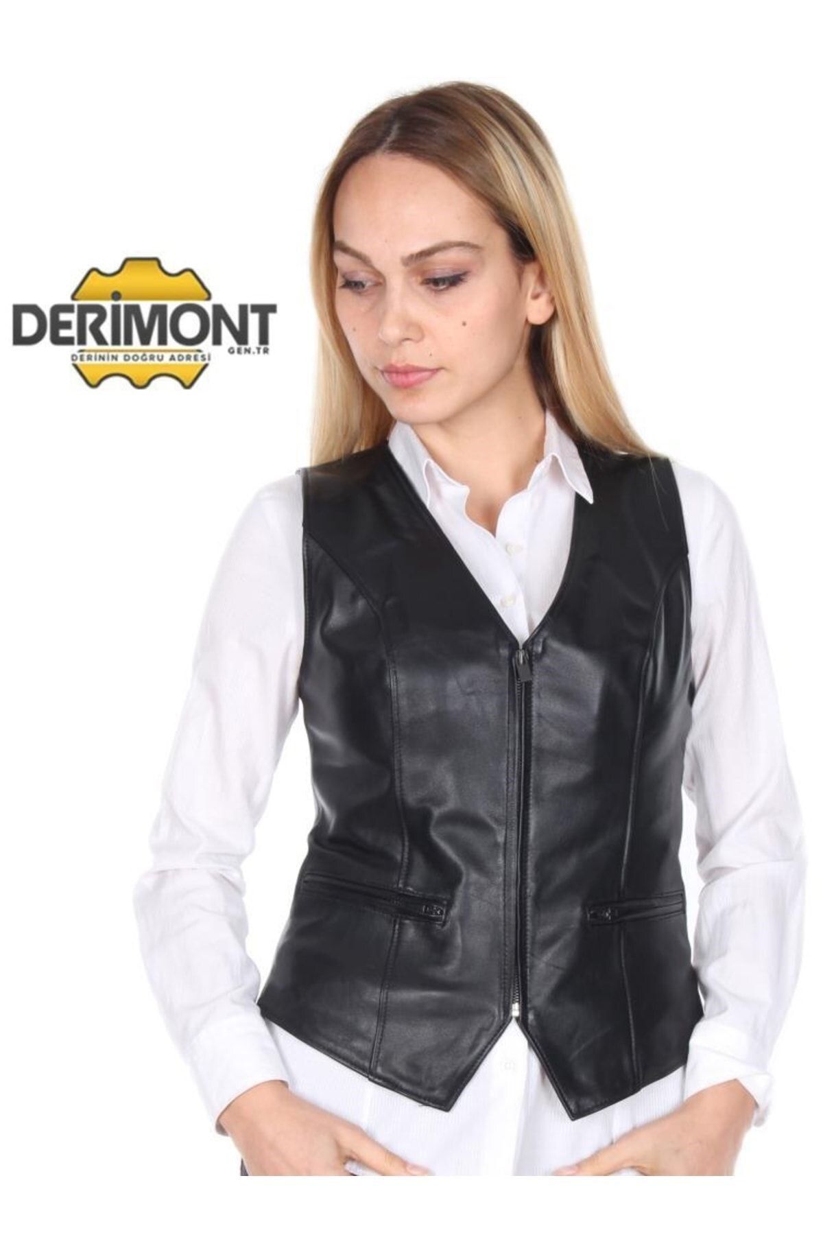 DeriWork Hakiki Kuzu Derisi Fermuarlı Siyah Casual Yelek Kadın Yelek