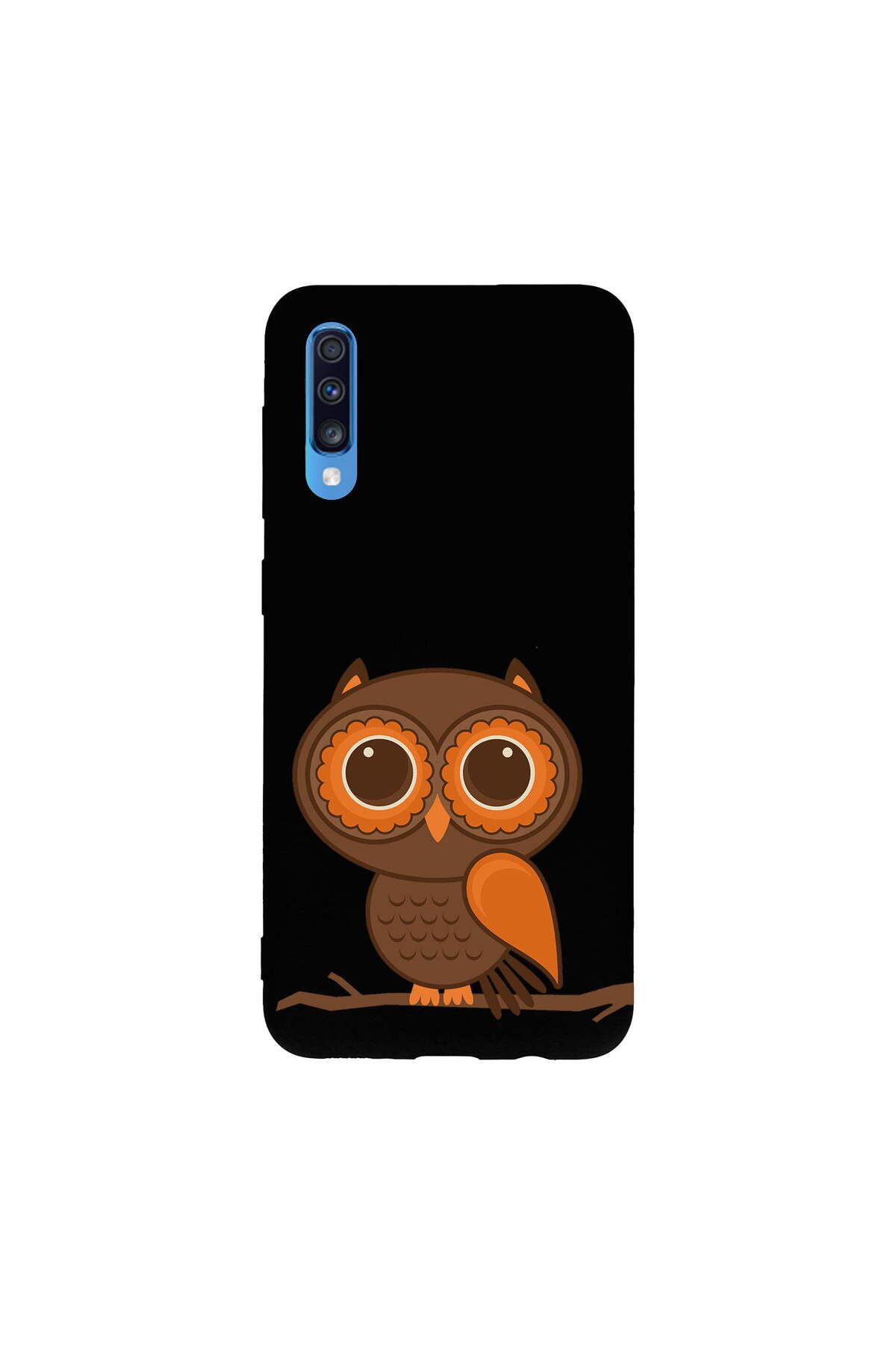 PrintiFy Samsung Galaxy A70 ile Uyumlu Baykuş (0214a) Tasarımlı Siyah Lansman Silikon Kılıf