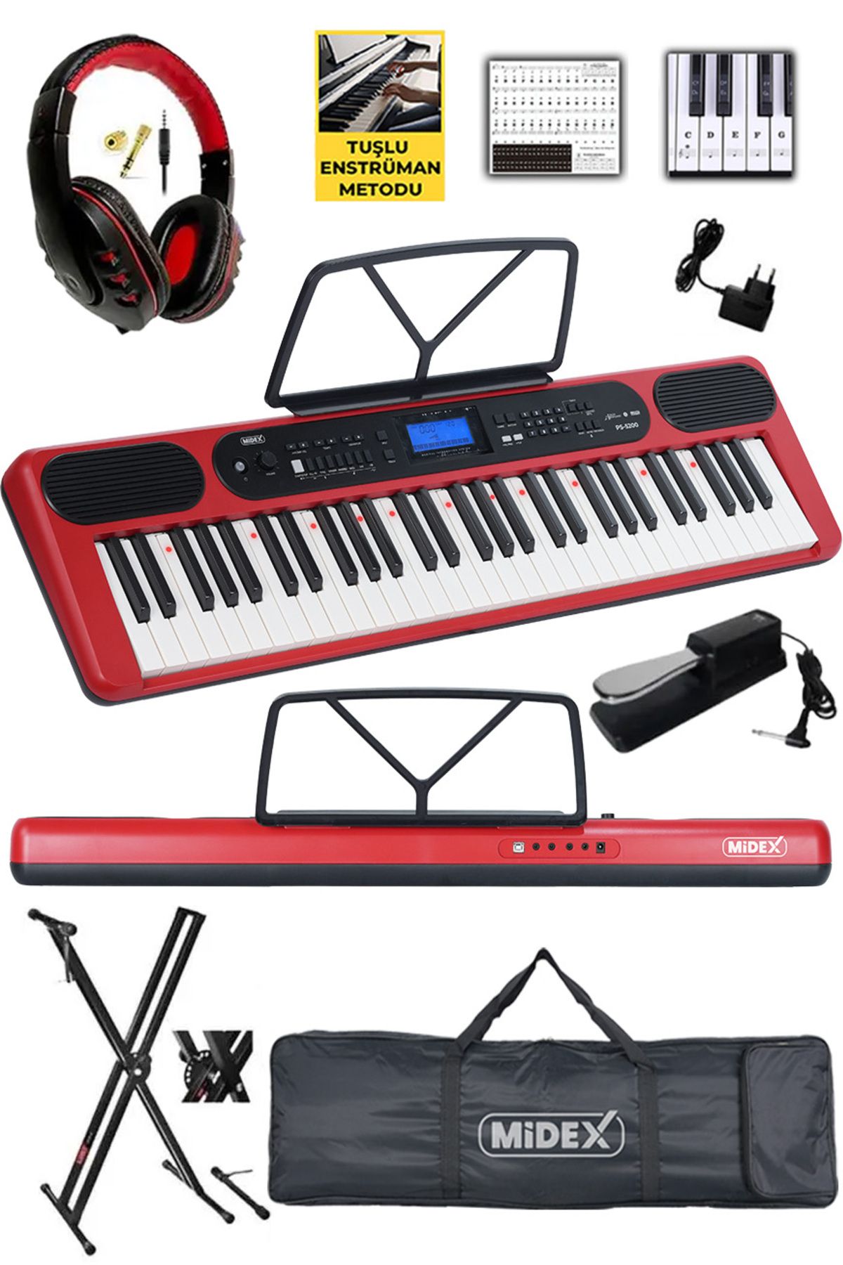 Midex PS-5200RD-HSS Pro Org 61 LED Işıklı Tuş Hassasiyetli Bluetooth Midi Kulaklık Stand Sustain