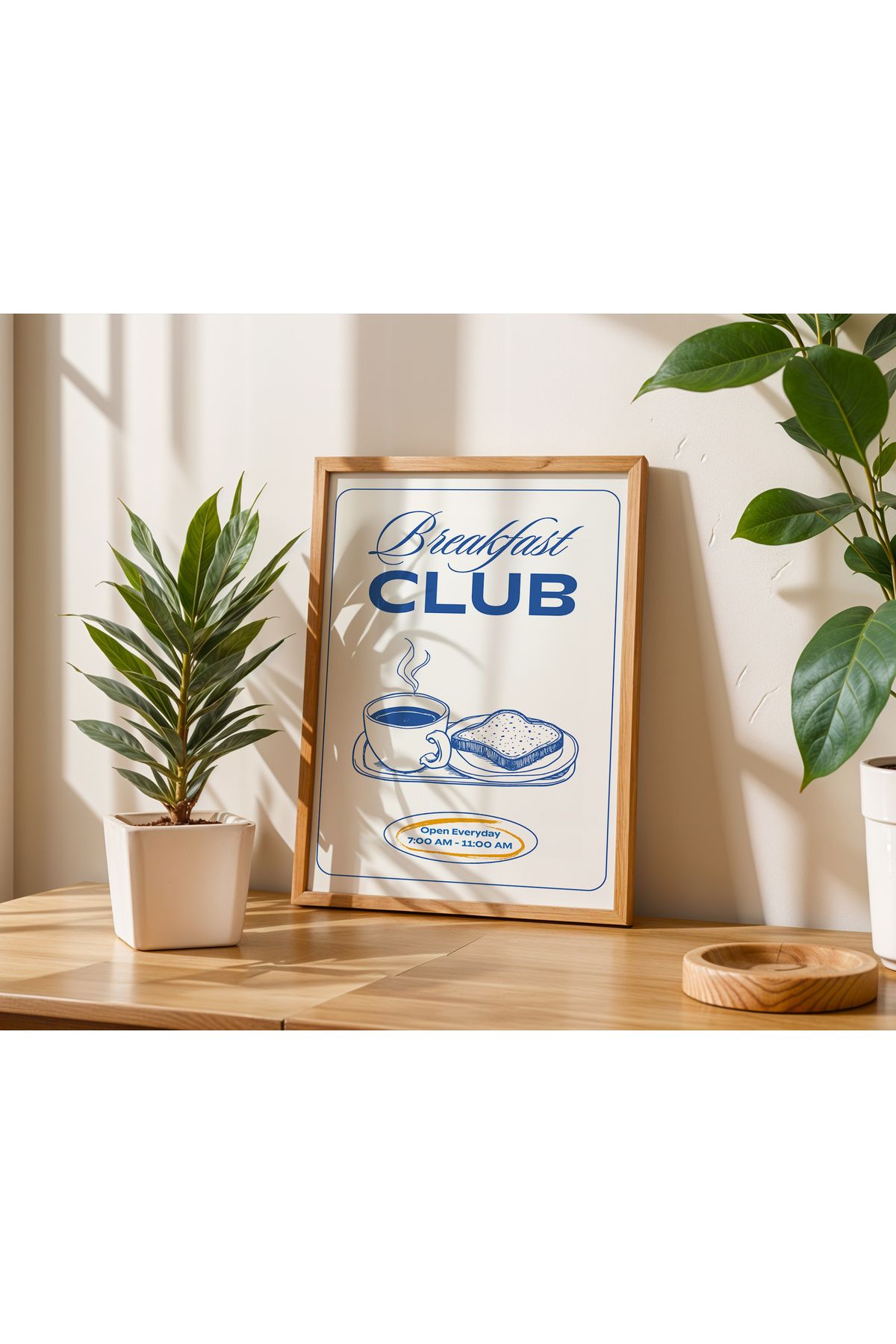 SEON UNIQUE 1 Adet Mutfak Temalı Mavi Breakfast Club Yazılı Fincan ve Ekmekli Posterli Çerçeveli Tablo
