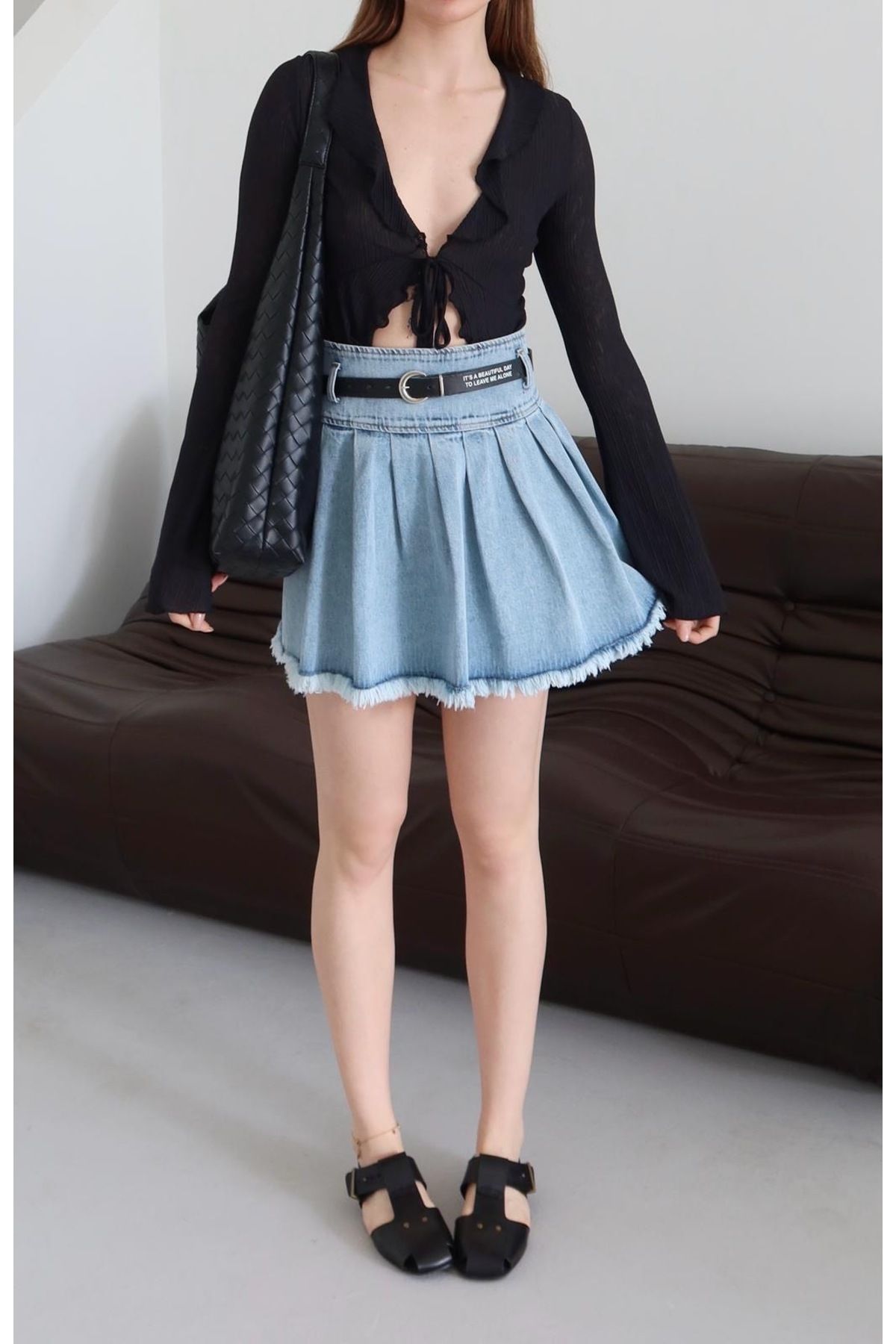 Ekim Store Kemerli Pileli Denim Etek