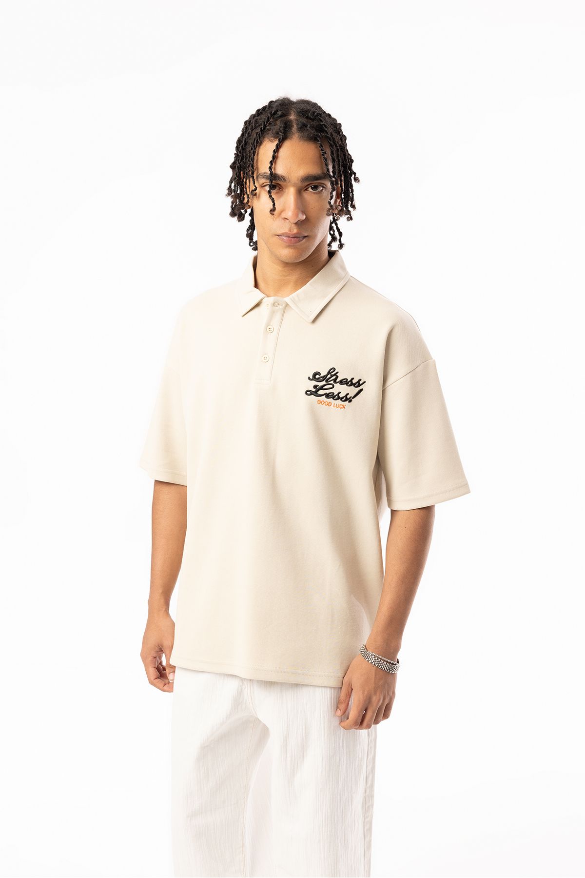 EGHO Göğüs Stress Less! GOOD LUCK Nakışlı Double Pike Kumaş Erkek Polo Yaka Oversize Tişört