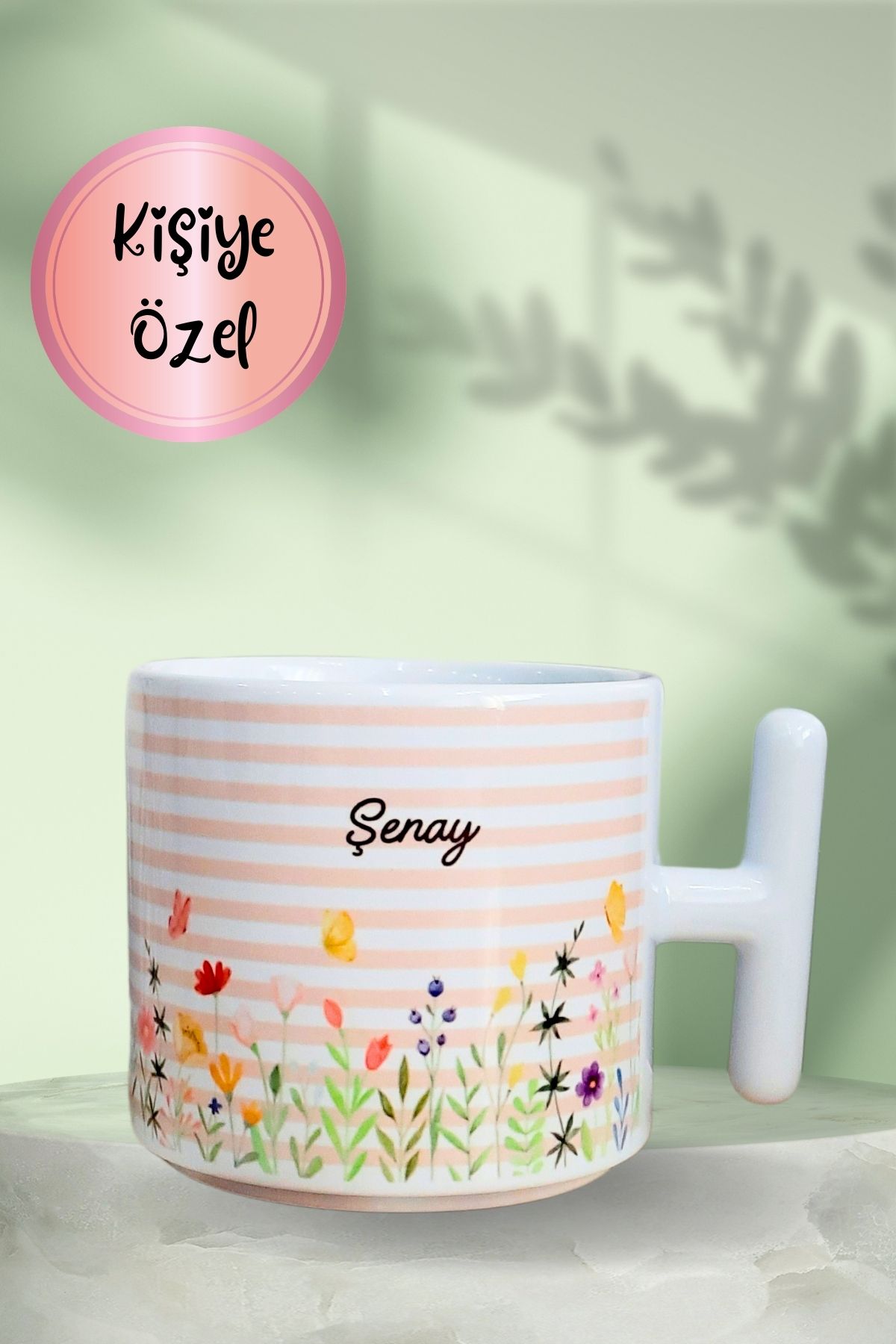 Burak Baskı Tasarım Kişiye Özel Pembe Çizgili ve Renkli Çiçekli Anneler Günü-Doğum Sevgili T-Kulp Hediye Kupa Bardak,Mug
