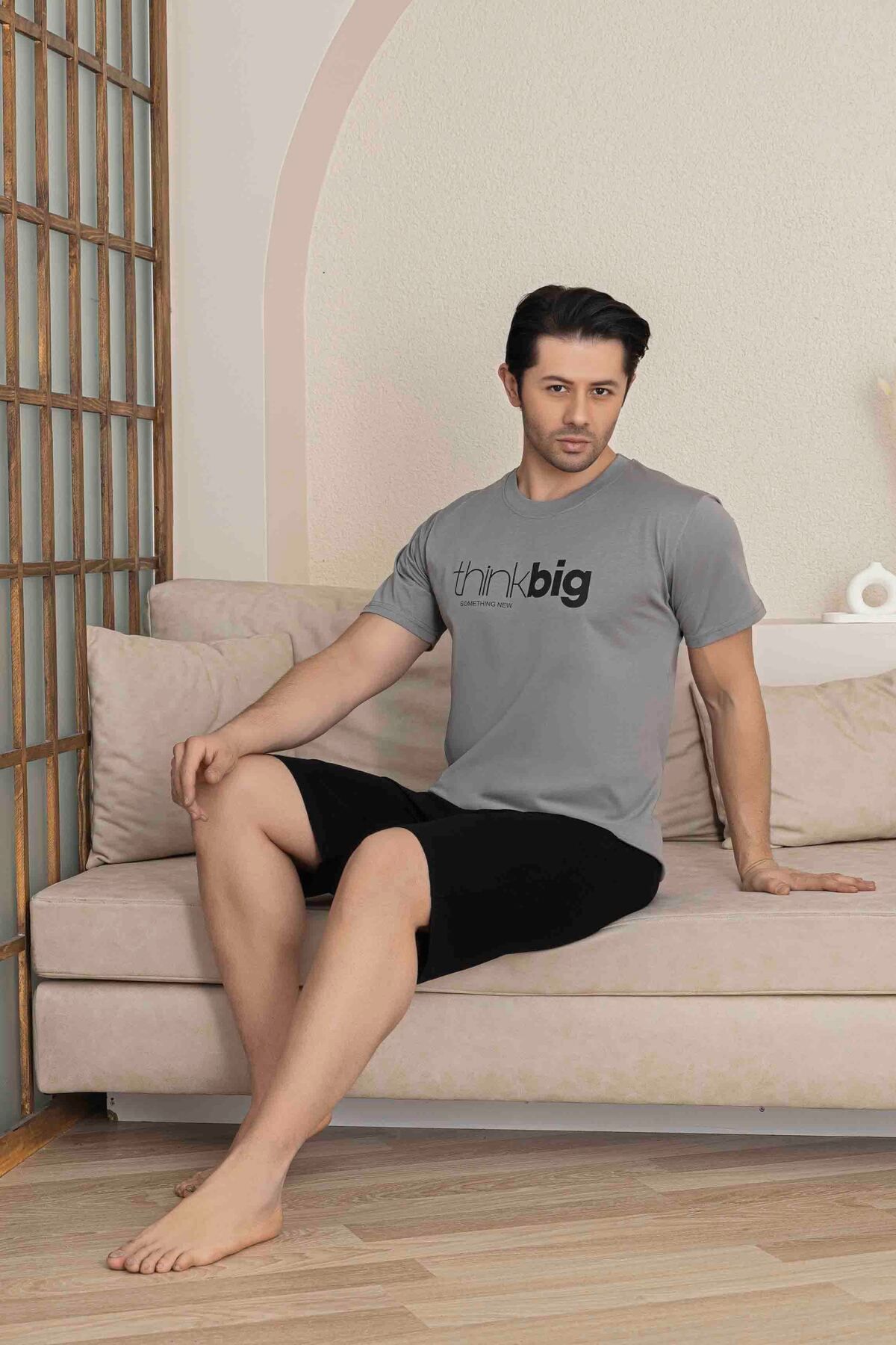 Tarık Erkek Koyu Gri Kısa Kol Şort Penye Pijama Takımı