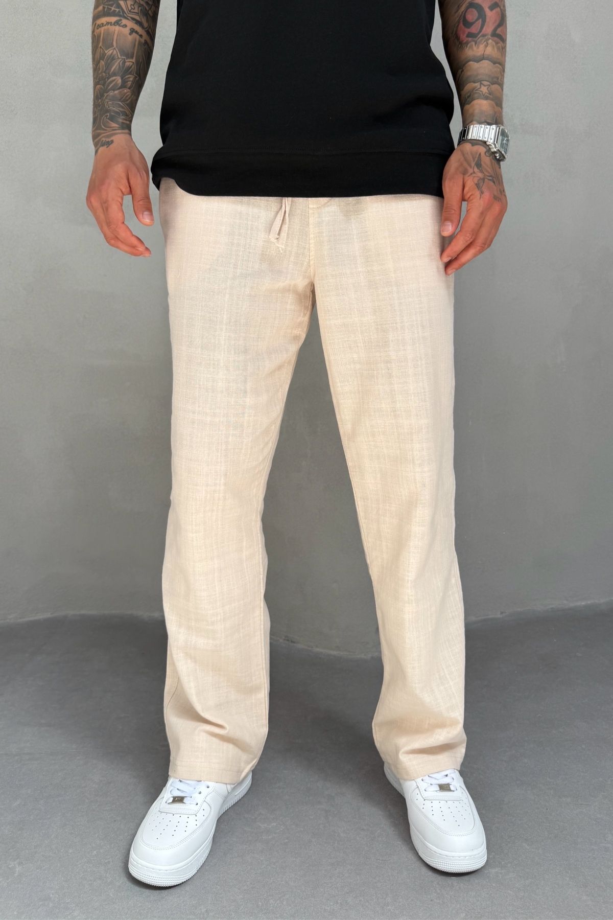 MADZEYMODA Bej Rengi Baggy Kalıp Erkek Keten Pantolon KE-7014
