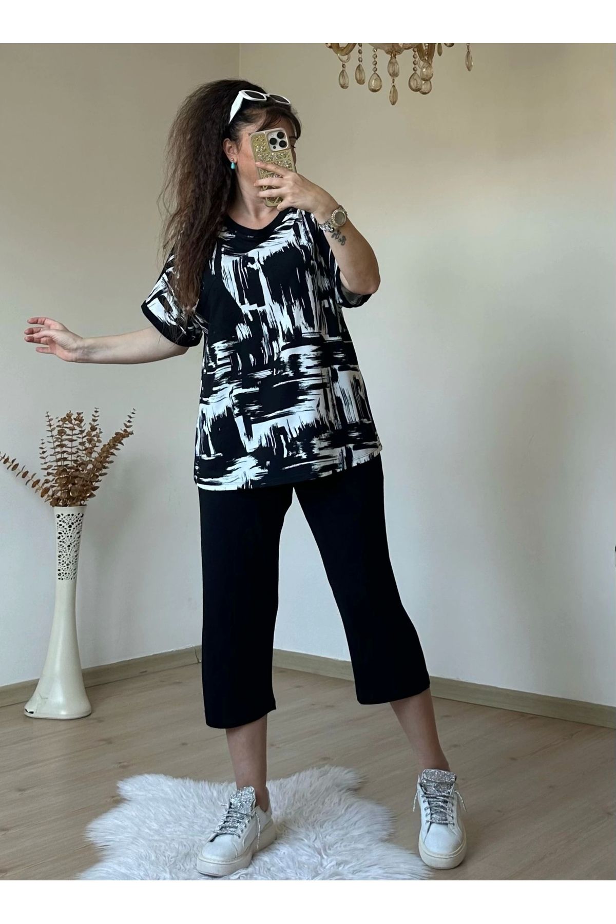 azra moda Kısa Kol Beyaz Baskı Desen takım