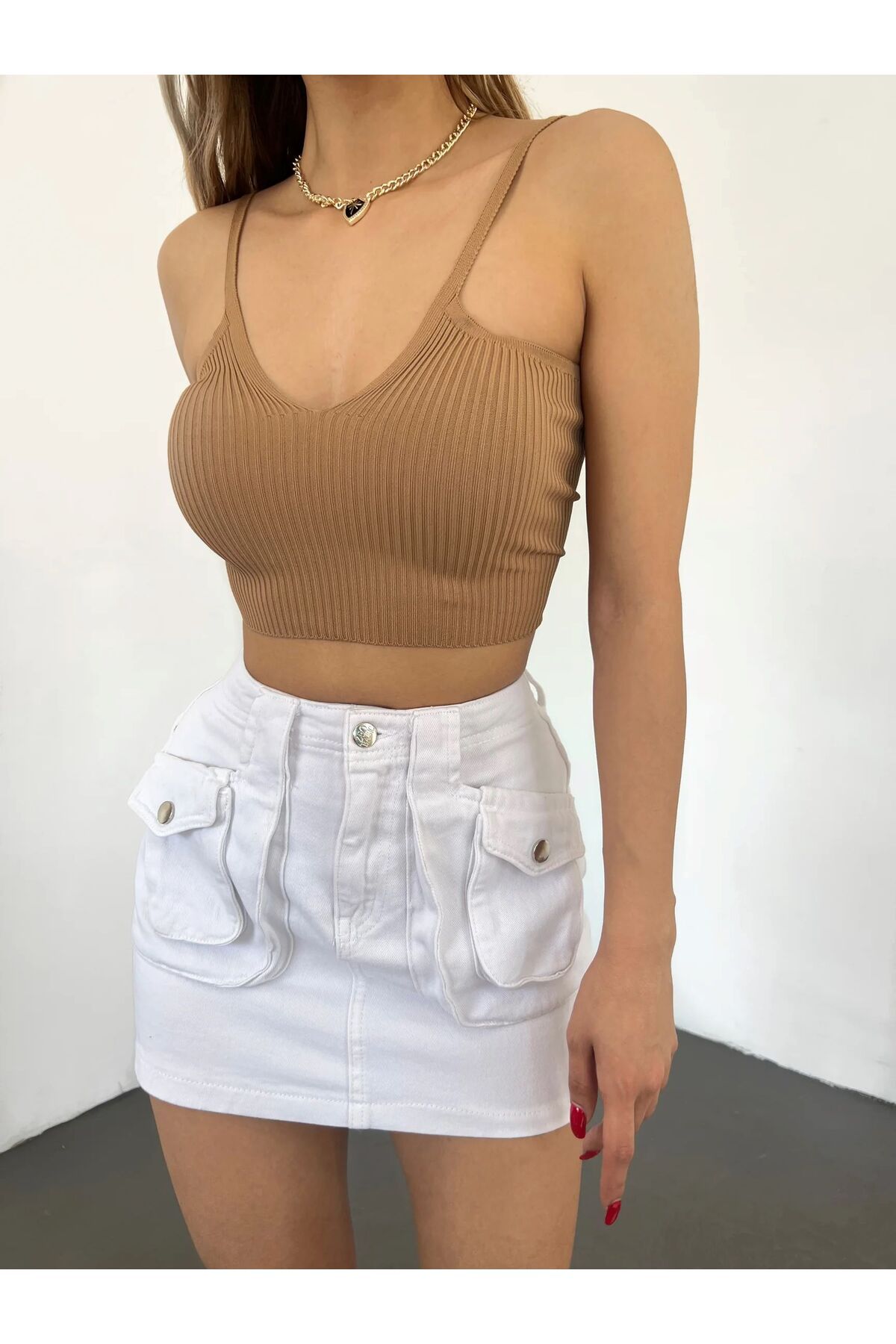 MORMEYDAN Askılı V Yaka Triko Crop Büstiyer