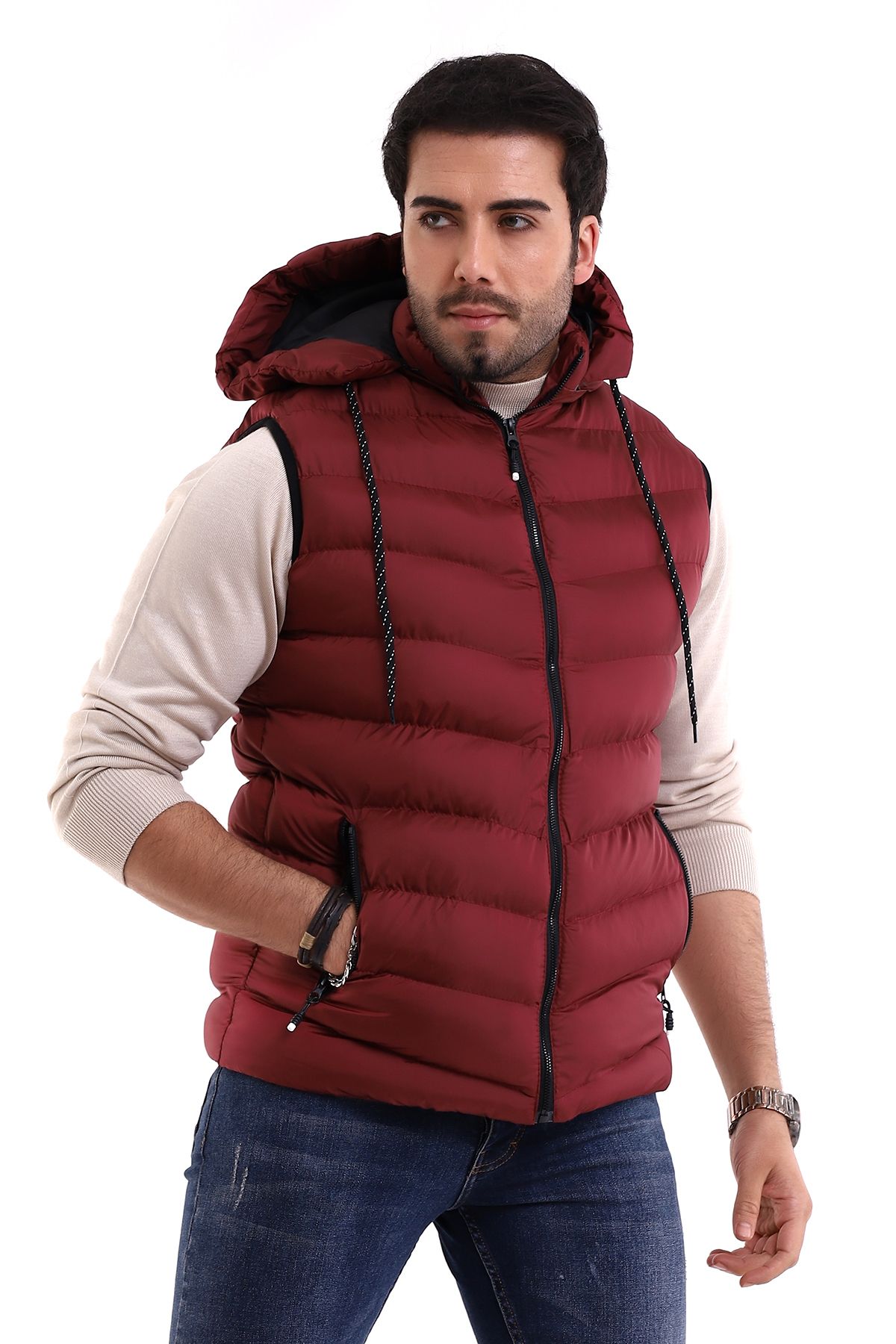 B.HE.Z Erkek Jel Dolgu Çapraz Model Fermuarlı Kapşon İç Cepli Şişme Yelek