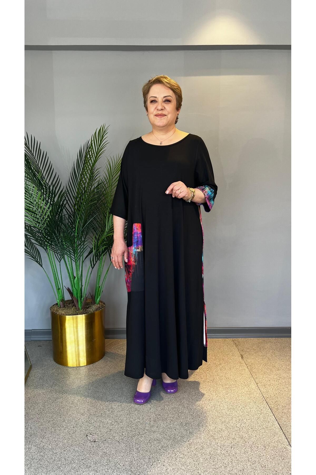 selma Büyük Beden Renkli Desenli Viskon Elbise