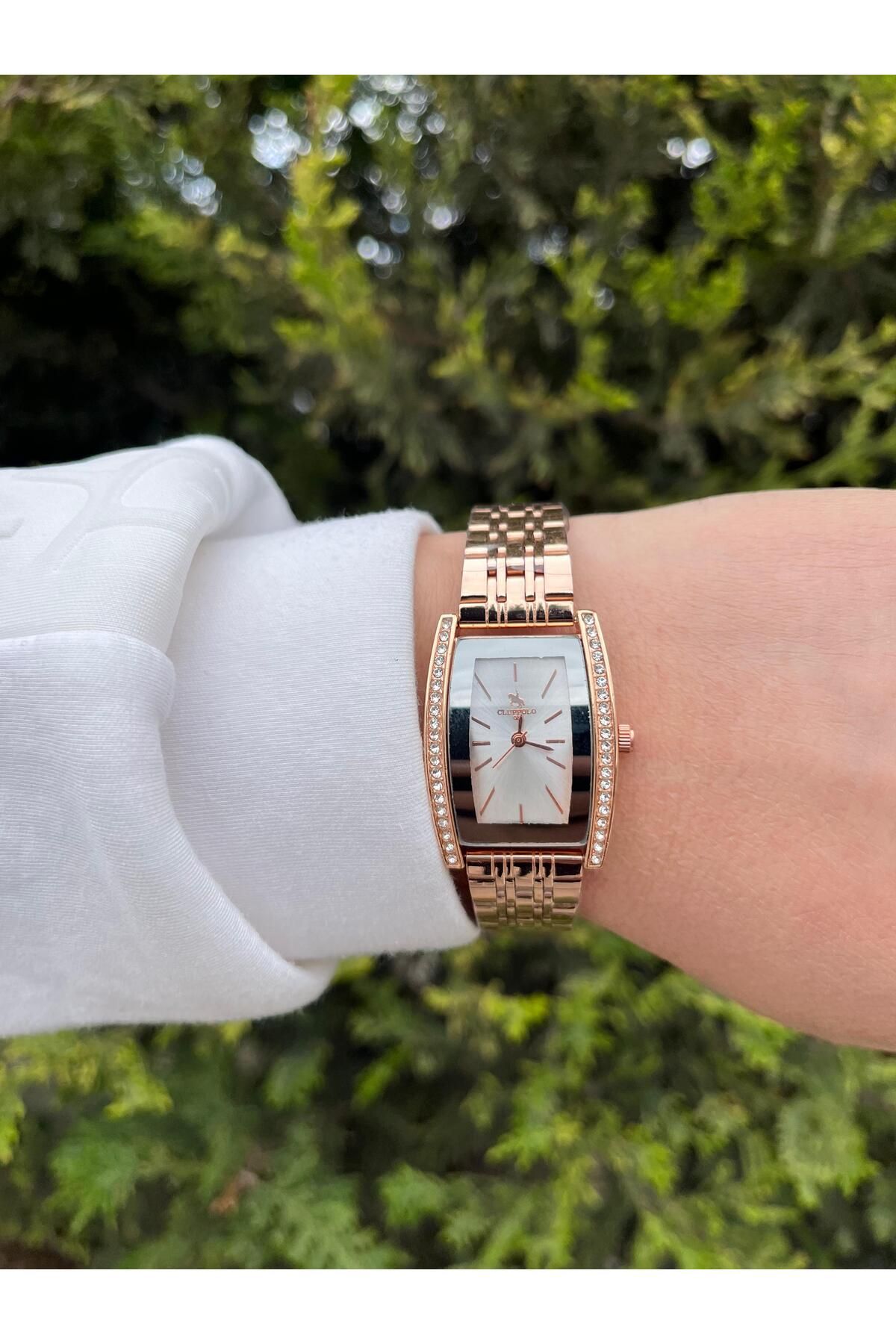 Sasta Taş detaylı dikdörtgen rose gold kadın kol saati