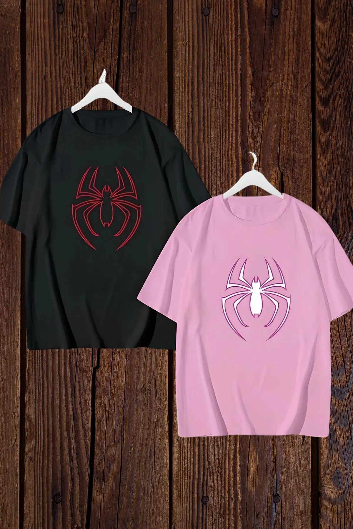 FeaR LeeS Kadın Erkek Unisex Örümcek Baskılı Sevgili Çift Kombini Oversize Renkli Tshirt