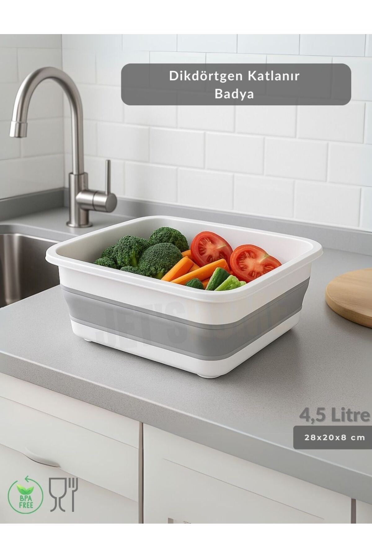 Jet's Home Katlanır Badya - Akordiyon Katlanabilir Dikdörtgen Kova | 4,5 L - Beyaz/Gri - BPA Free