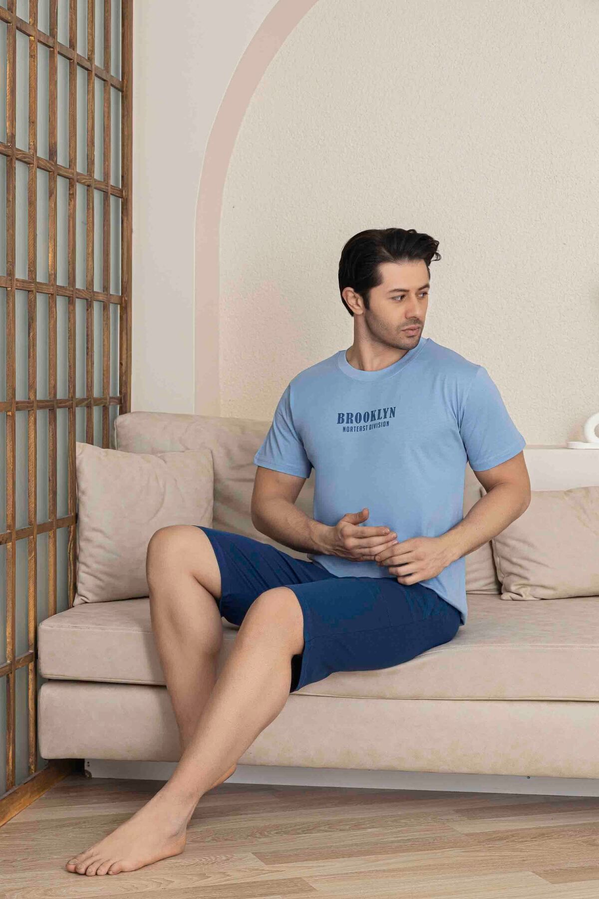 Tarık Erkek Mavi Kısa Kol Şort Penye Pijama Takımı