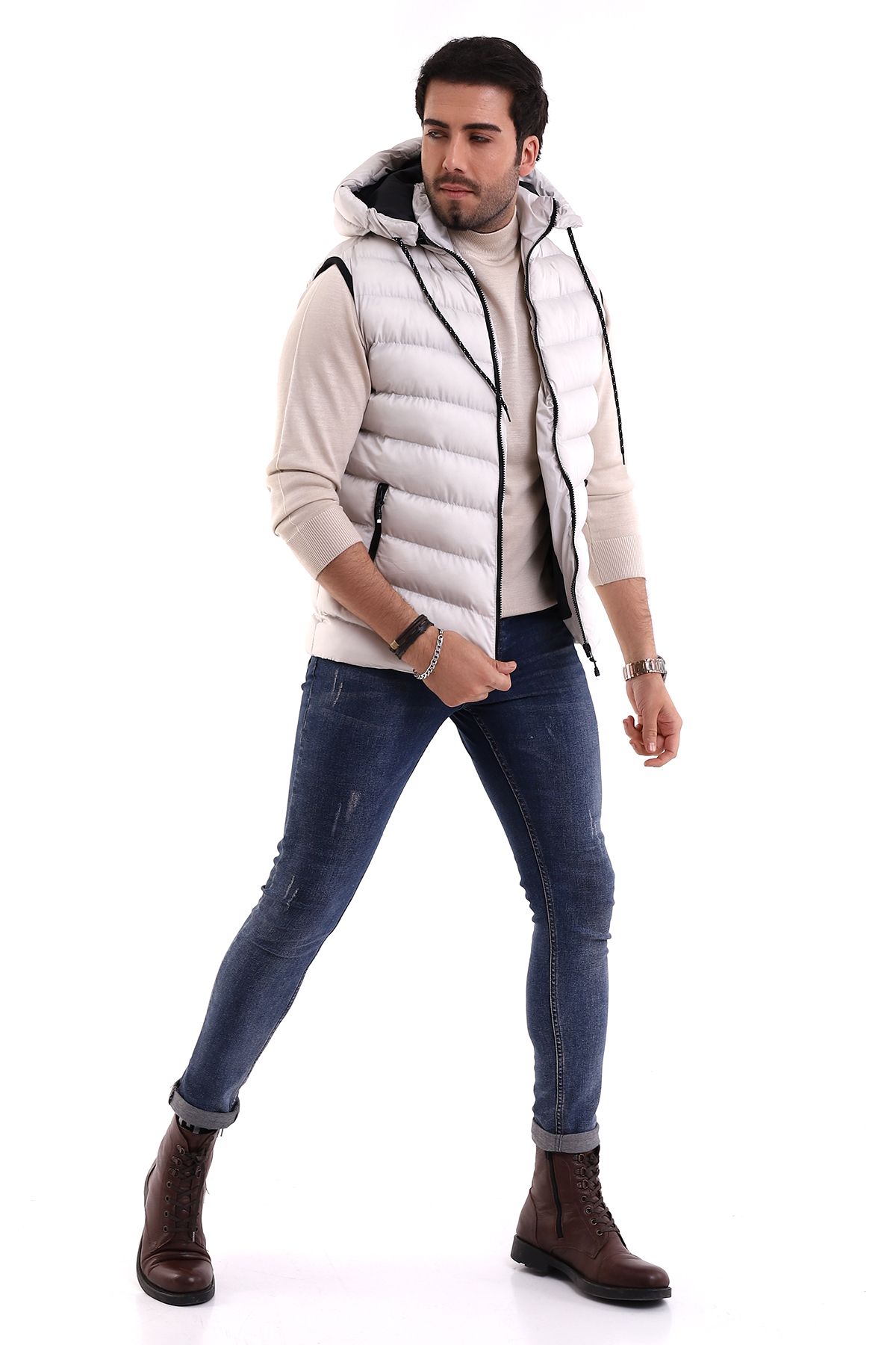 B.HE.Z Erkek Jel Dolgu Çapraz Model Fermuarlı Kapşon İç Cepli Şişme Yelek
