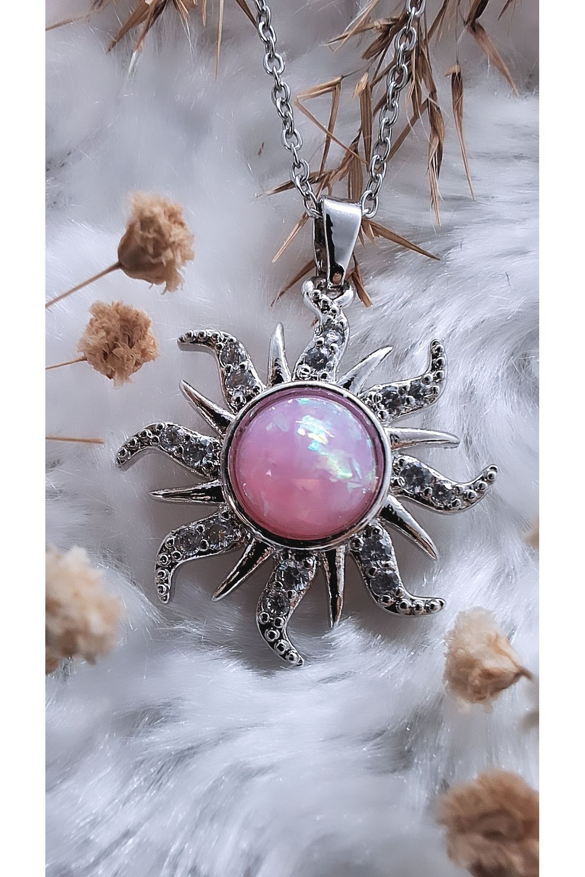 Serenity Güneş Figürlü Opal Zirkon Taşlı Çelik Kolye