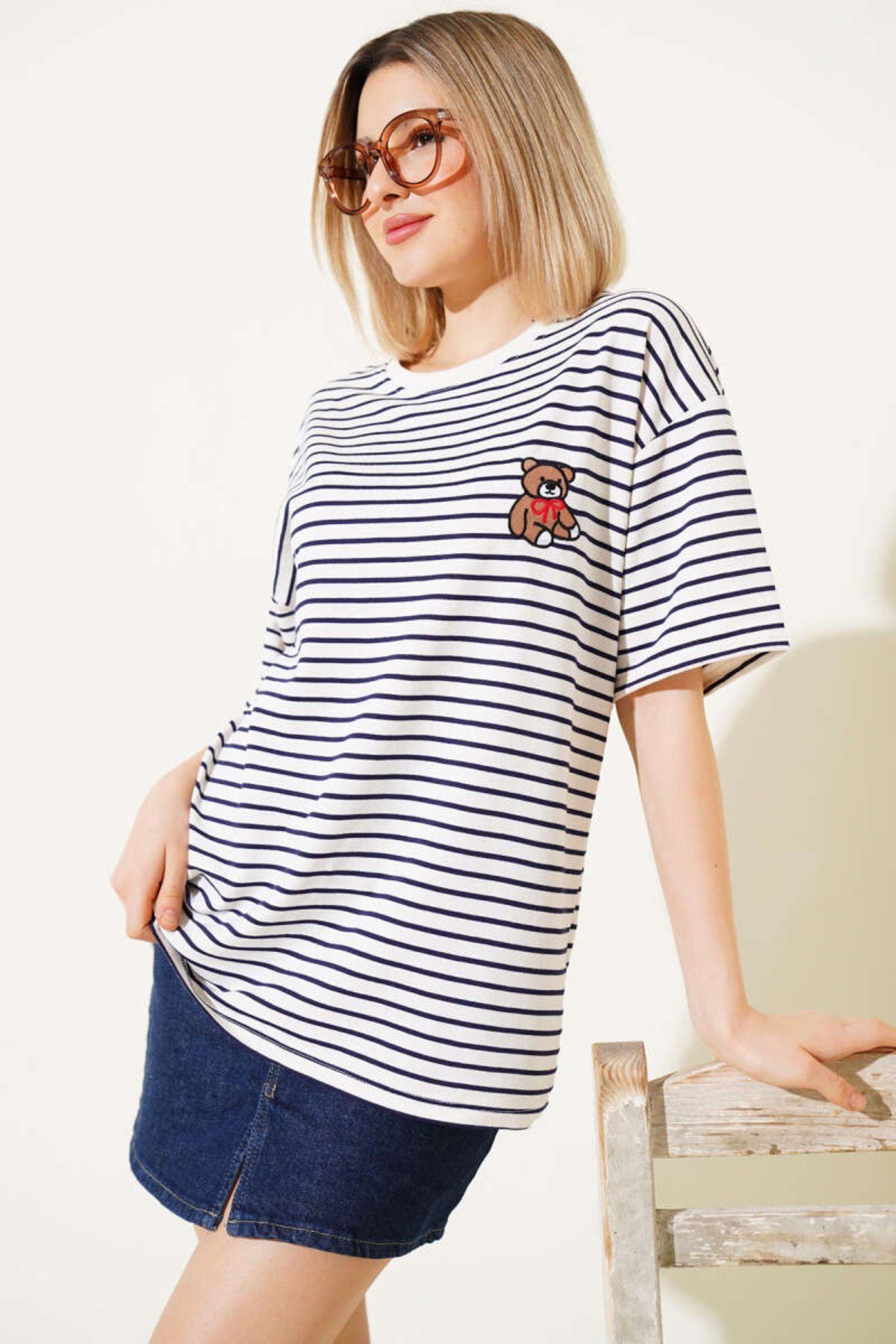 İKLİM LİFE Ayıcık Nakışlı Çizgili Oversize Tshirt