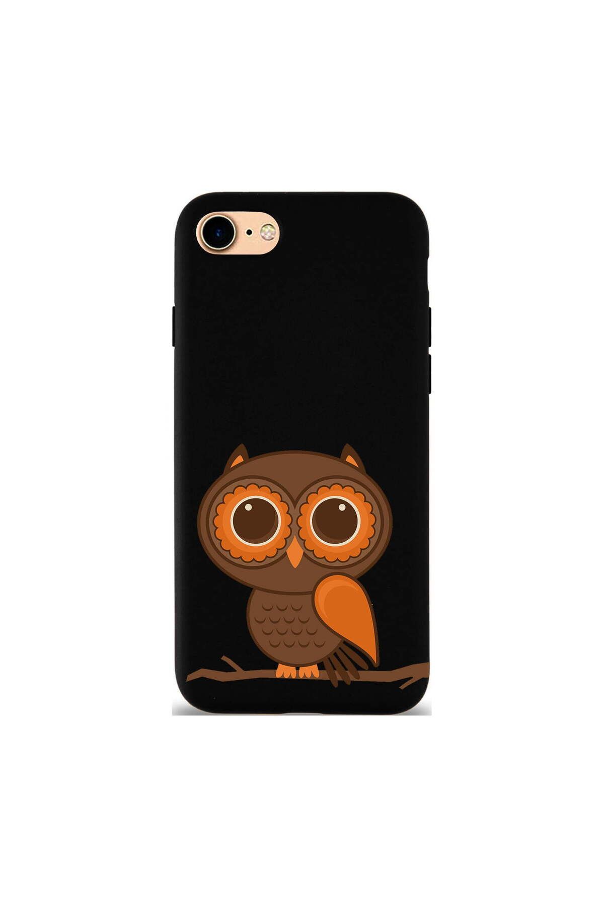 PrintiFy iPhone SE 2022 ile Uyumlu Baykuş (0214a) Tasarımlı Siyah Lansman Silikon Kılıf