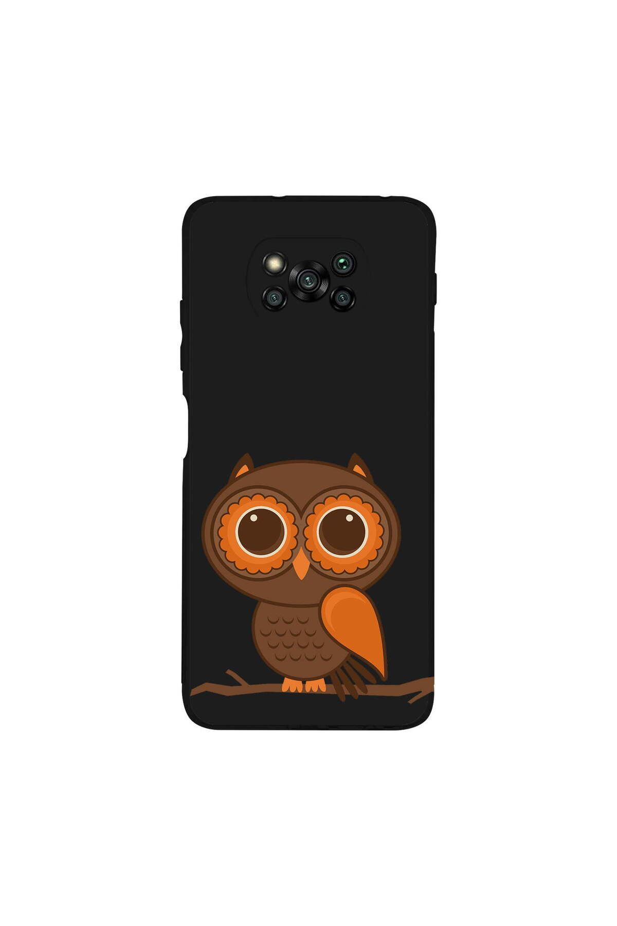 PrintiFy Poco X3 NFC ile Uyumlu Baykuş (0214a) Tasarımlı Siyah Lansman Silikon Kılıf