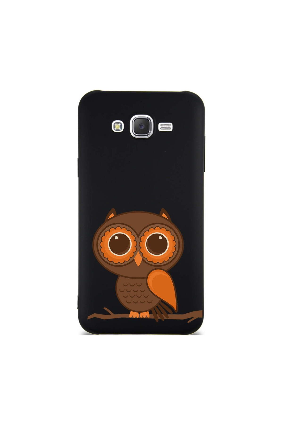 PrintiFy Samsung Galaxy J7 ile Uyumlu Baykuş (0214a) Tasarımlı Siyah Lansman Silikon Kılıf