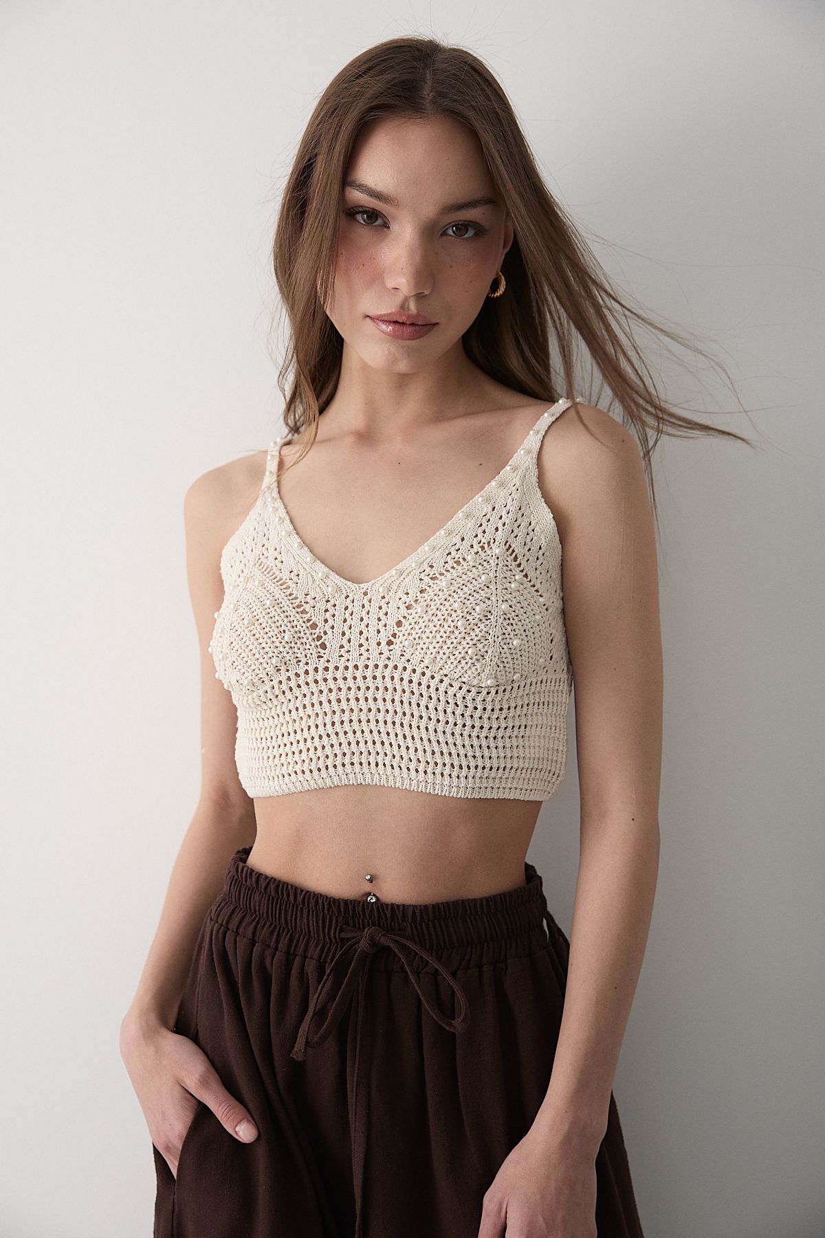 JASTE Kadın Bej İnci Detaylı Örgü Model Crop