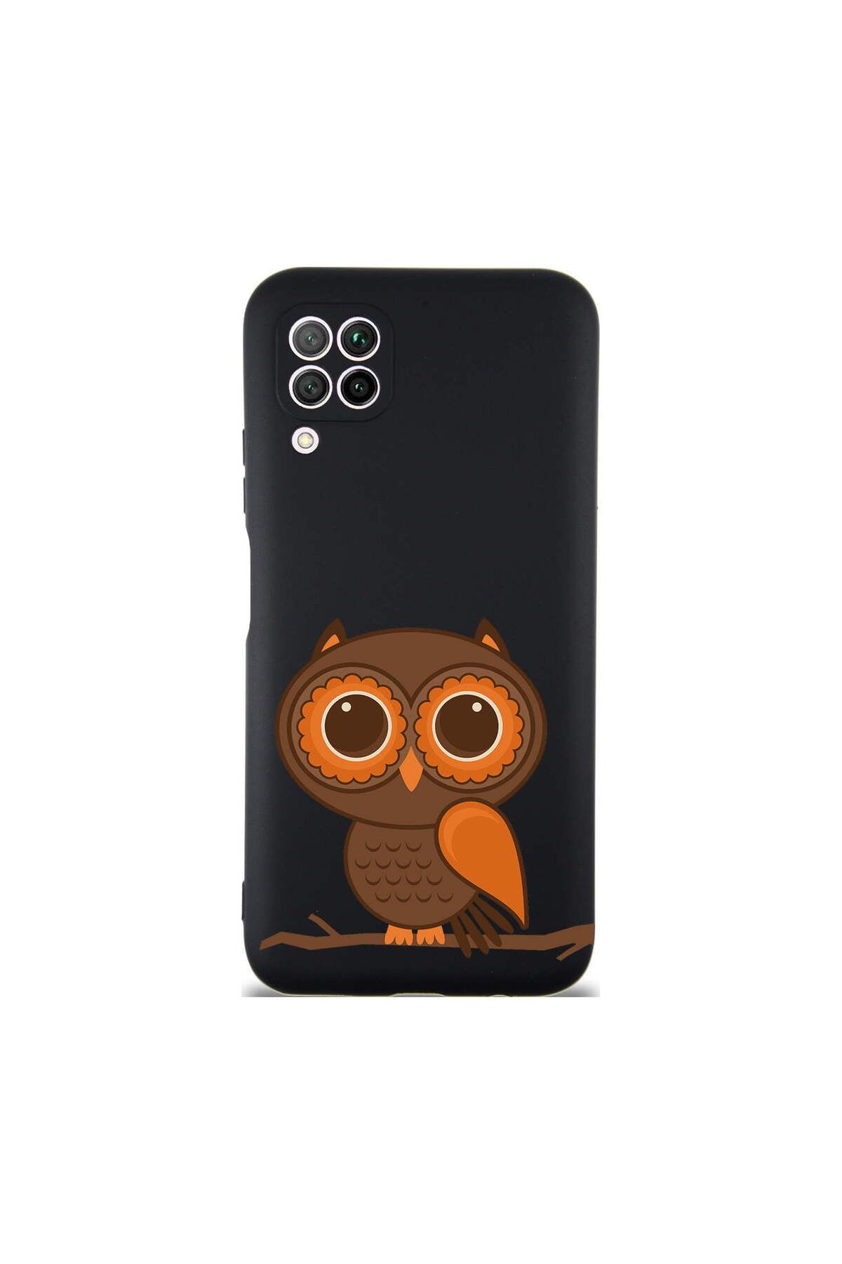 PrintiFy Huawei P40 Lite ile Uyumlu Baykuş (0214a) Tasarımlı Siyah Lansman Silikon Kılıf
