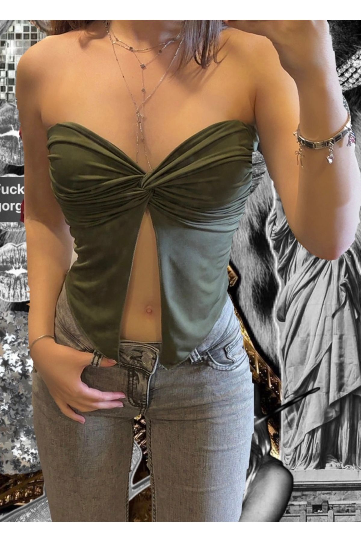 VibeGaia Önü Büzgülü Straplez Kelebek Crop Haki