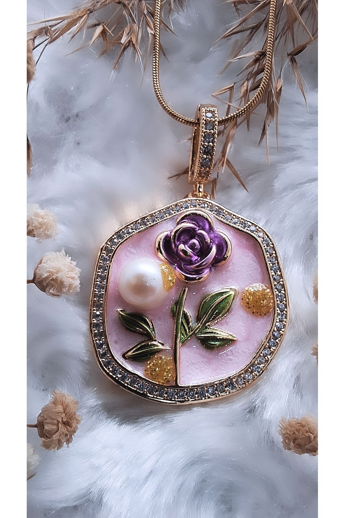 Serenity Gül Figürlü Gerçek İncili Pembe Mine Sanat Çelik Kolye
