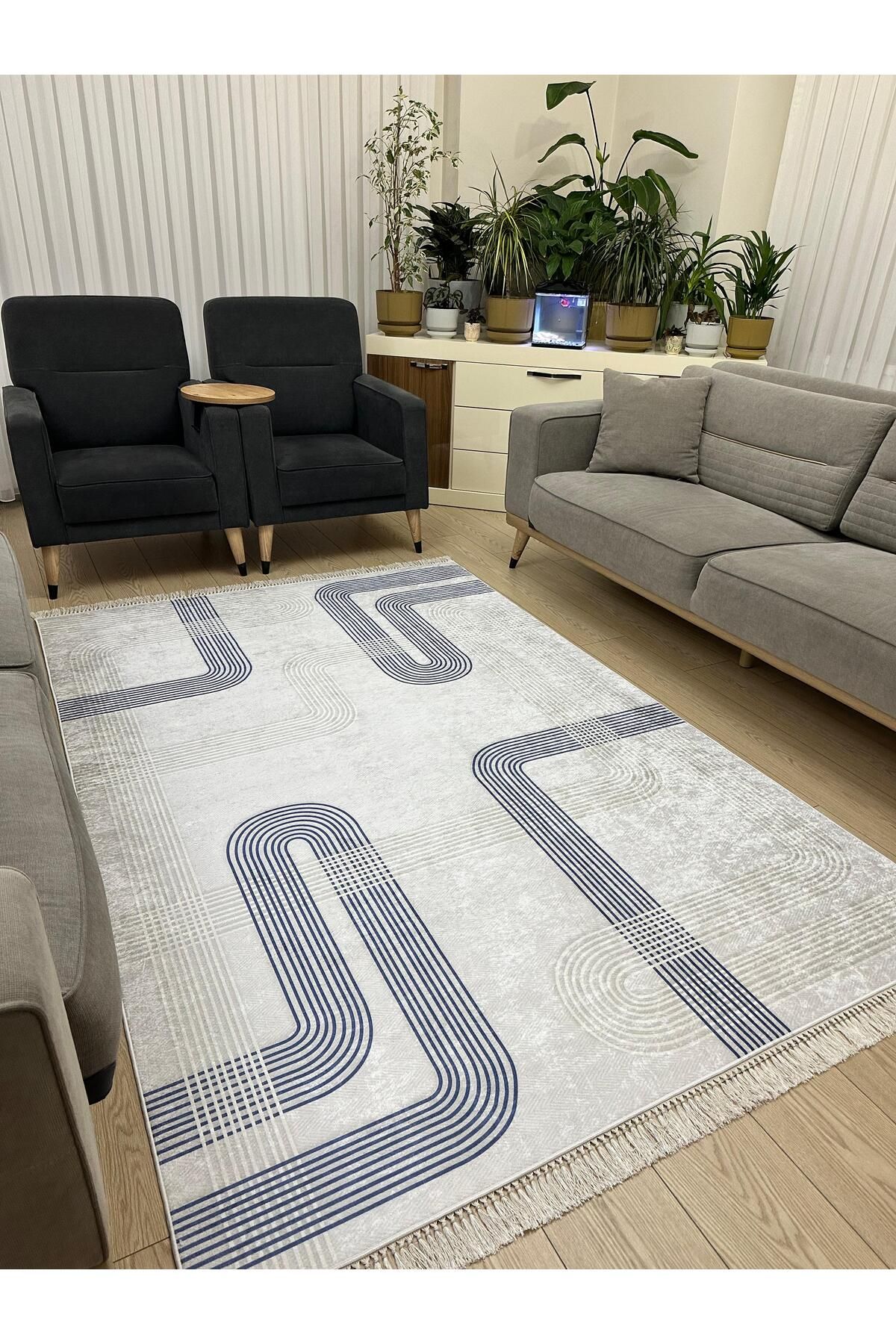 NEU HAUS Makinede Yıkanabilir Mavi Halı Kaymaz Taban Salon ve Oturma odası Halısı Dijital Baskı İnce Halı