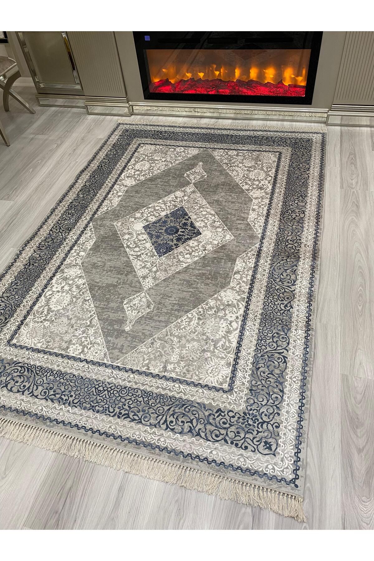 NEU HAUS Makinede Yıkanabilir Mavi Halı Kaymaz Taban Salon ve Oturma odası Halısı Dijital Baskı İnce Halı