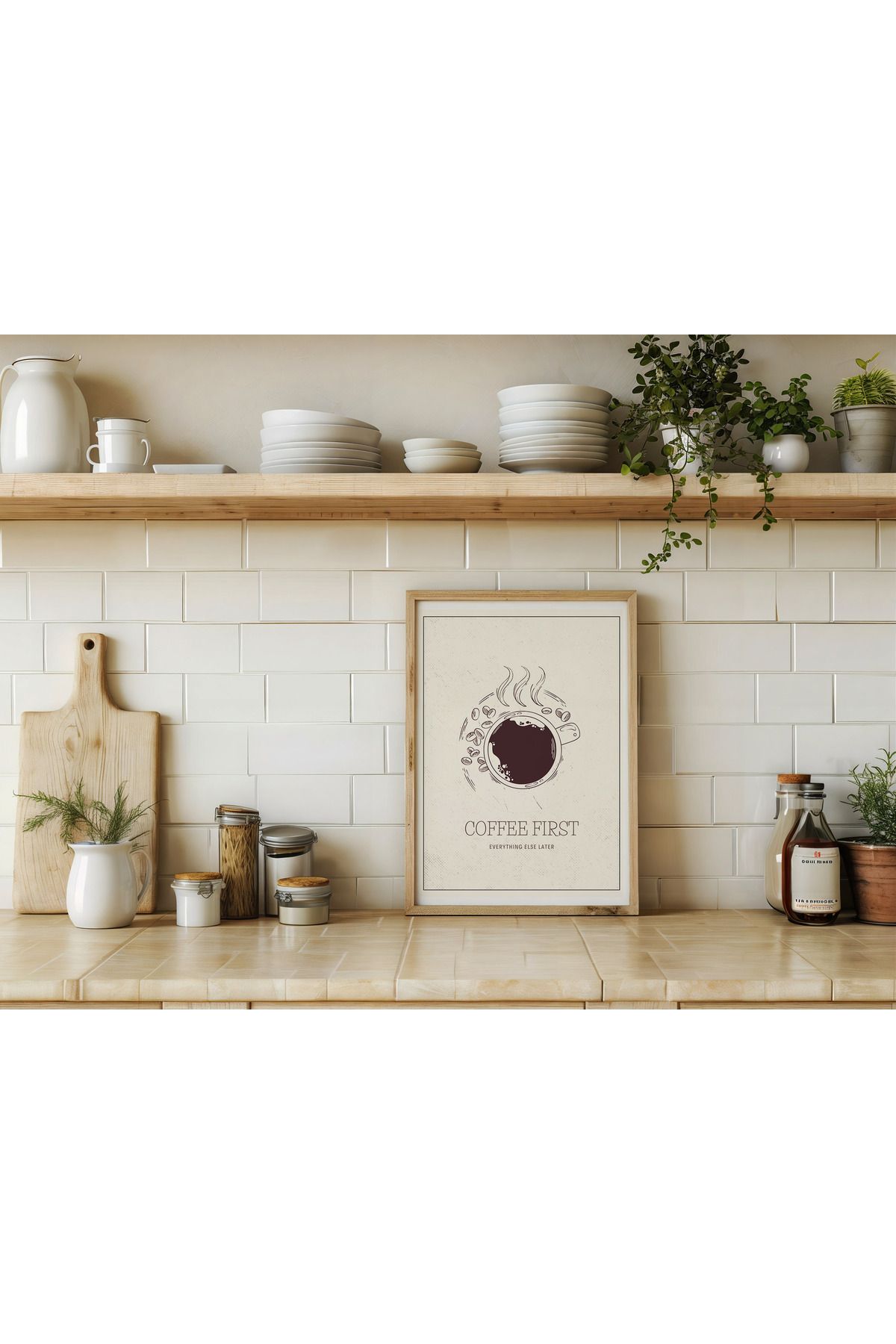 SEON UNIQUE 1 Adet Mutfak Temalı Kahverengi Coffee First Yazılı Kahve Fincanı Posterli Çerçeveli Tablo