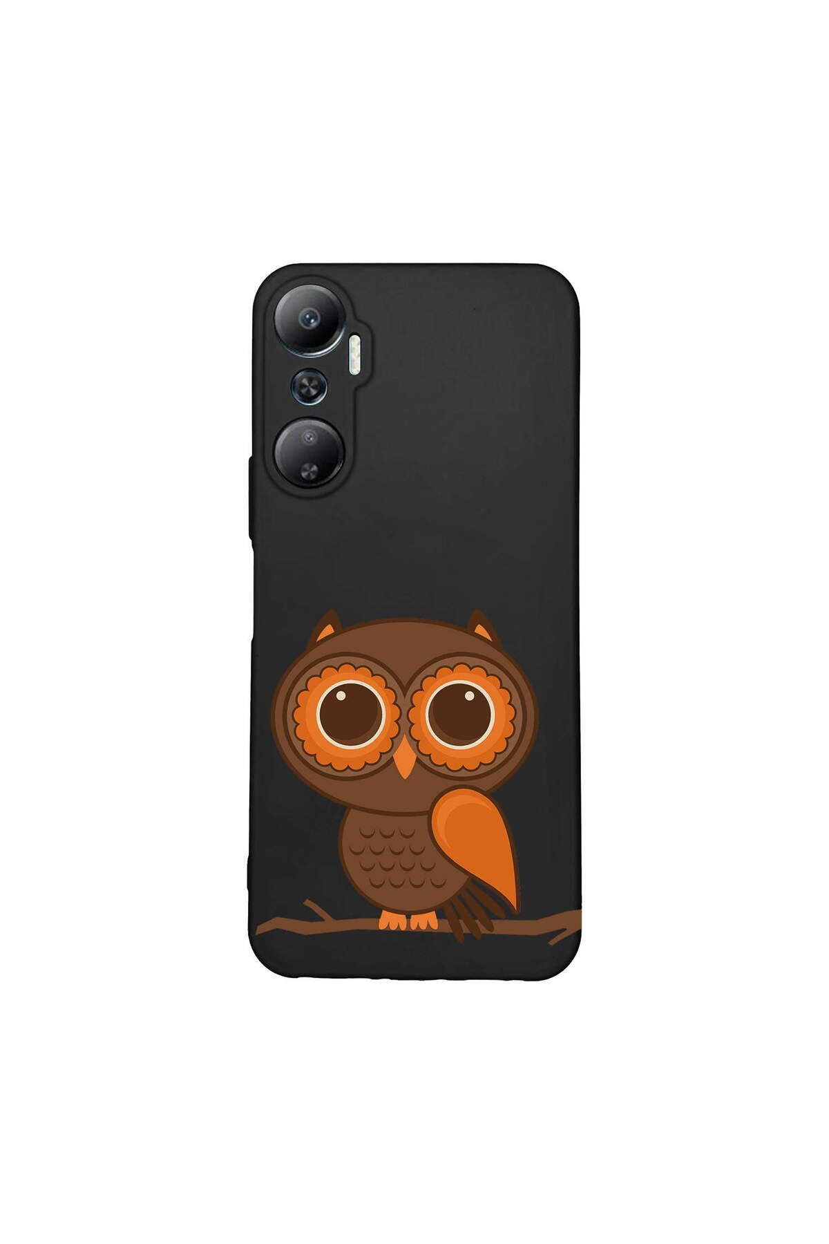 PrintiFy Infinix Hot 20 ile Uyumlu Baykuş (0214a) Tasarımlı Siyah Lansman Silikon Kılıf