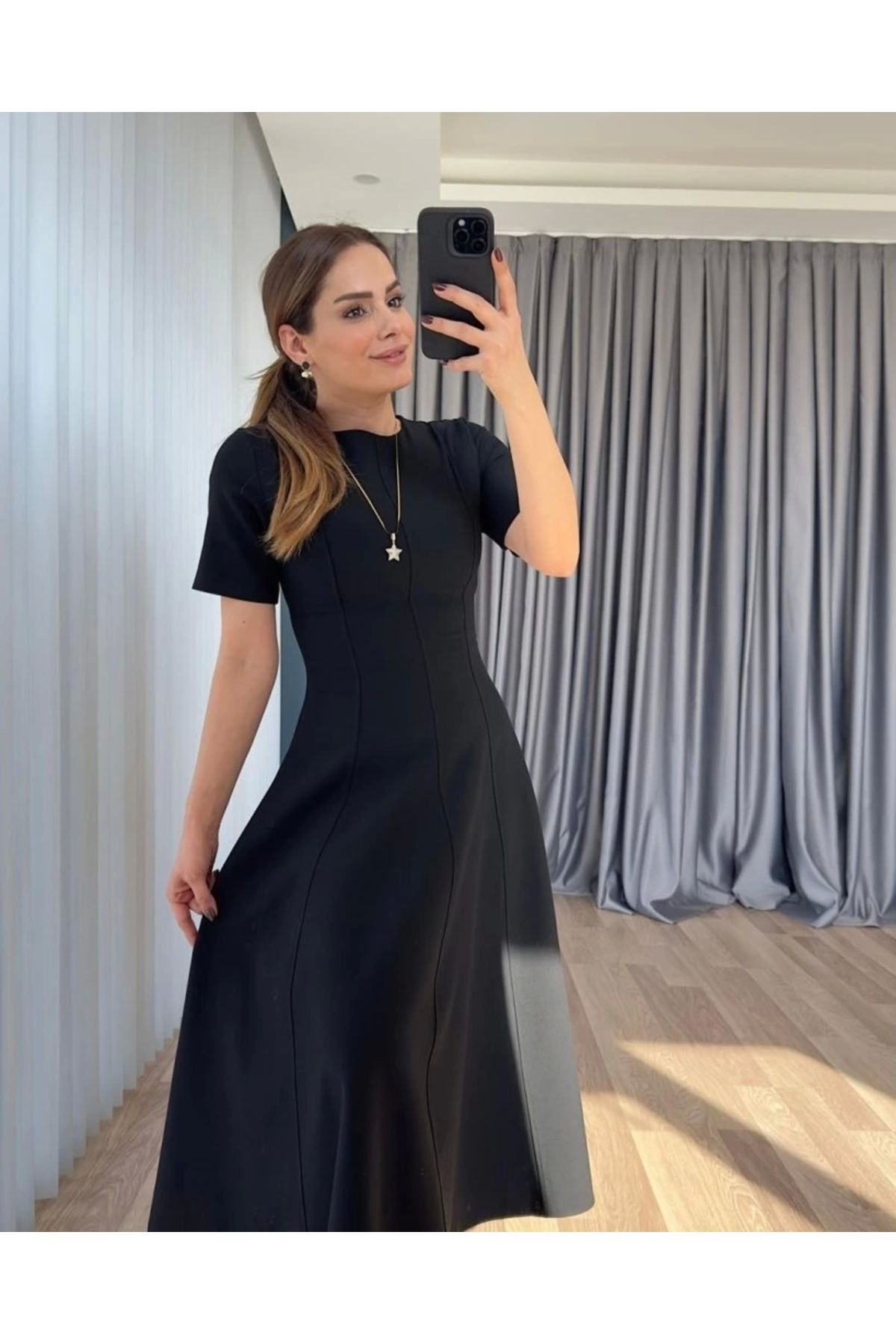 Butik Kadın Kısa Kollu Bisiklet Yaka Maksi Boy Ithal Krep Elbise