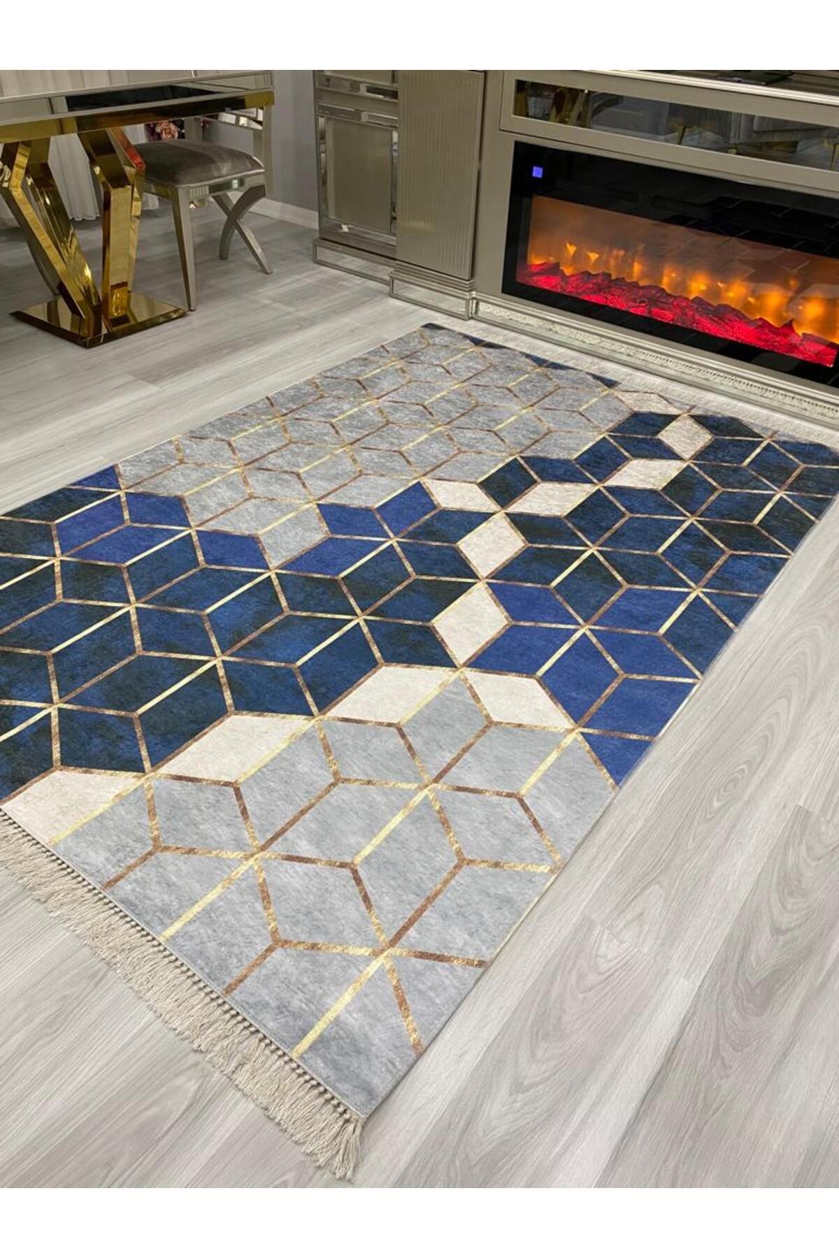 NEU HAUS Makinede Yıkanabilir Mavi Halı Kaymaz Taban Salon ve Oturma odası Halısı Dijital Baskı İnce Halı