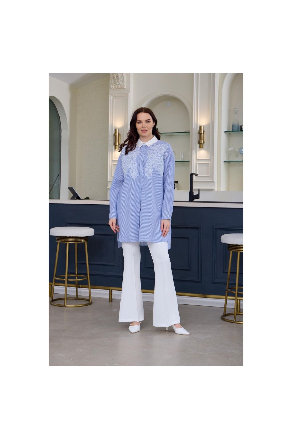 Moodbasic YENİ MOODBASİC KADIN DANTEL DETAYLI ÇİZGİLİ GÖMLEK MB11.247